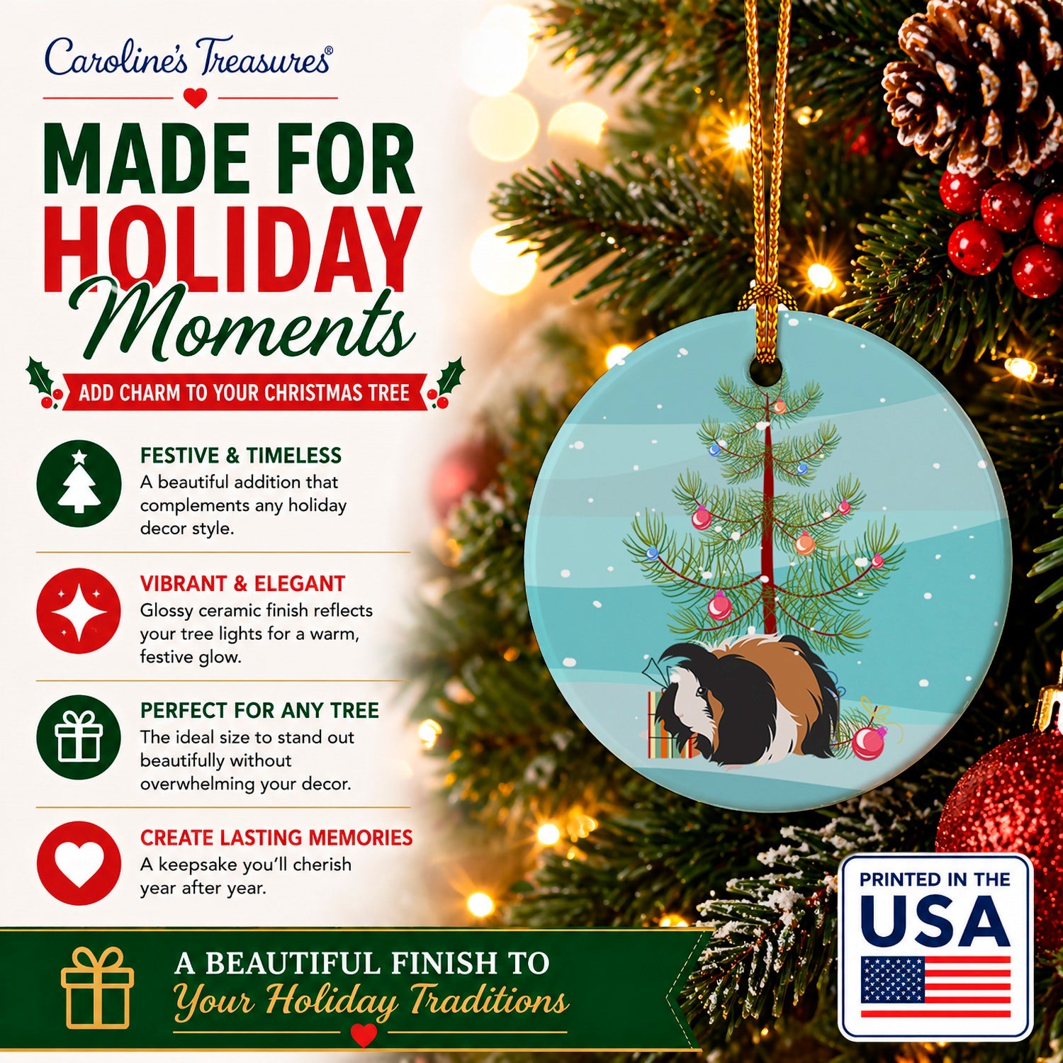 Sheba Guinea Pig Merry Christmas Ceramic Ornament Christmas Tree Hanging Decorations for Home Christmas Holiday, Party, Gift, 3 in, Multicolor