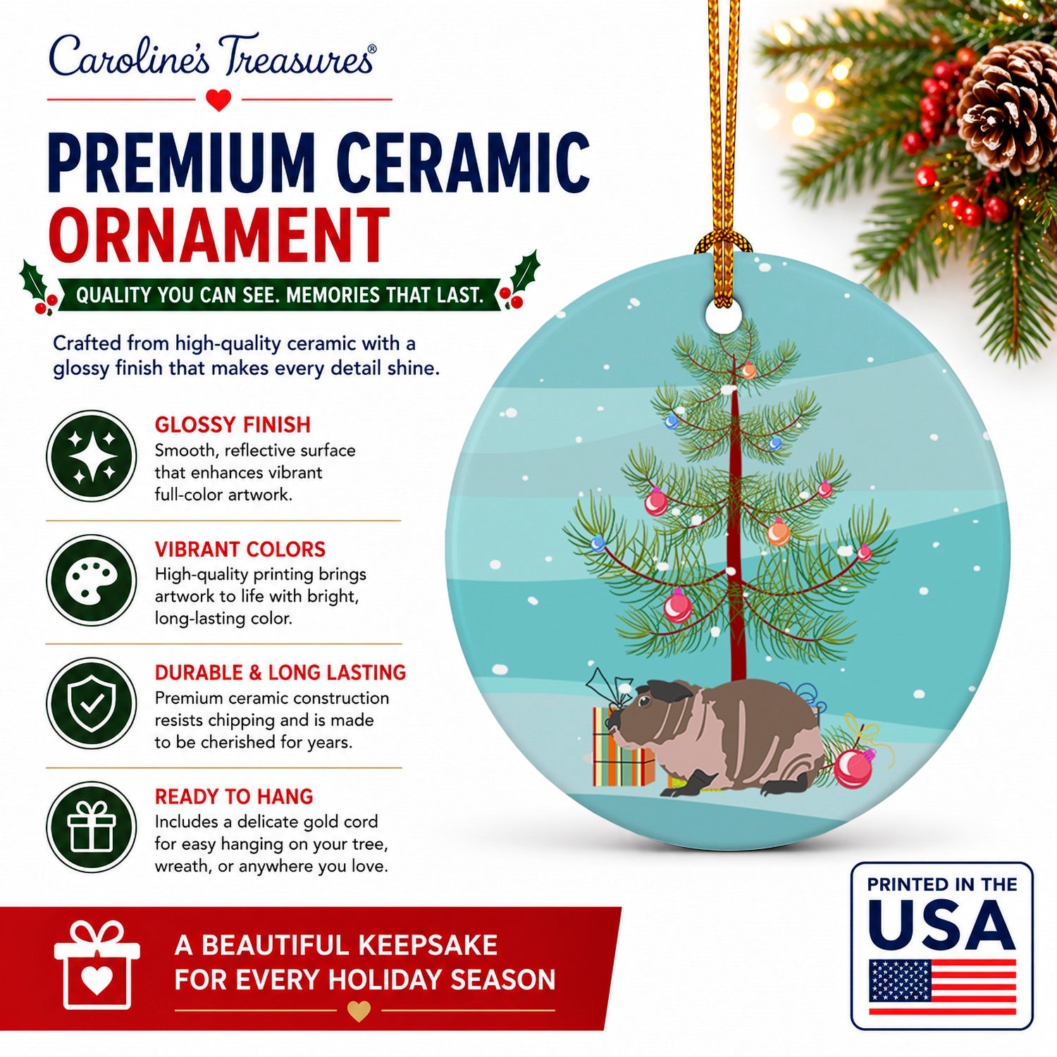 Skinny Guinea Pig Merry Christmas Ceramic Ornament Christmas Tree Hanging Decorations for Home Christmas Holiday, Party, Gift, 3 in, Multicolor