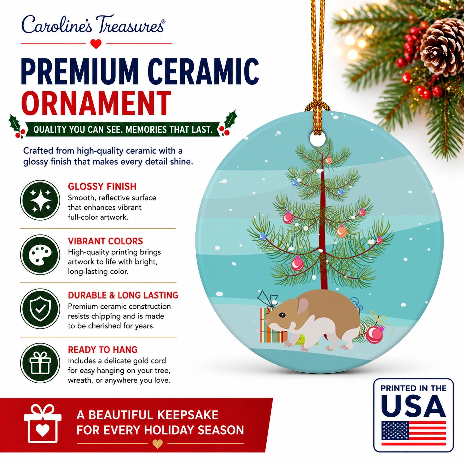 Turkish Hamster Merry Christmas Ceramic Ornament Christmas Tree Hanging Decorations for Home Christmas Holiday, Party, Gift, 3 in, Multicolor