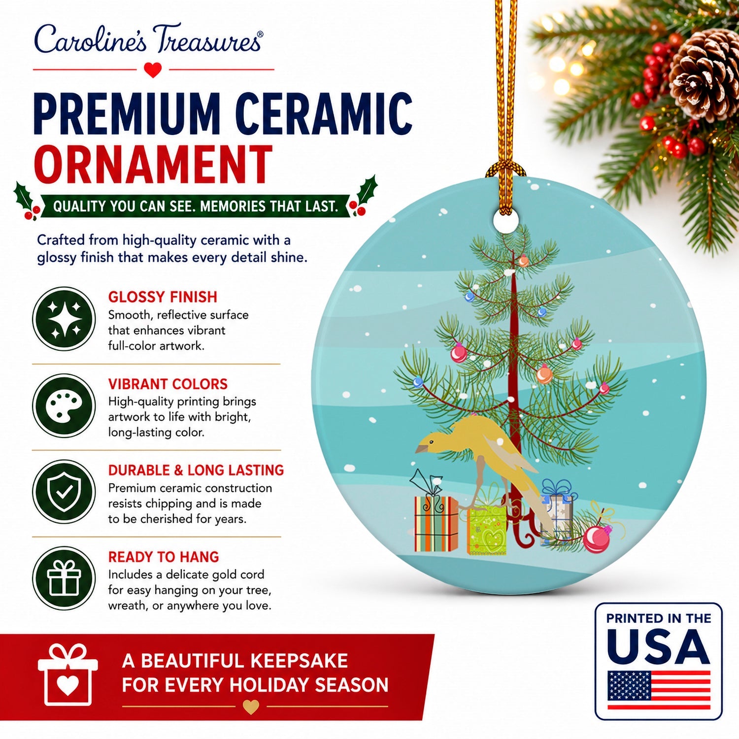Belgian Hunchback Canary Merry Christmas Ceramic Ornament Christmas Tree Hanging Decorations for Home Christmas Holiday, Party, Gift, 3 in, Multicolor