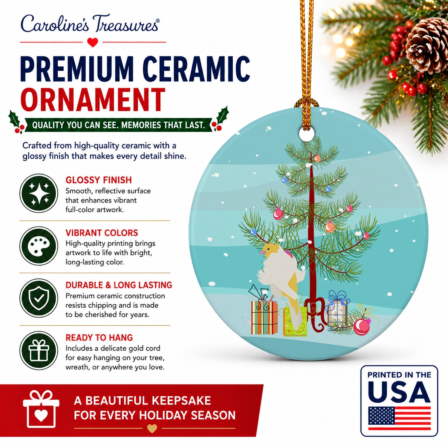 Parisian Trumpeter Canary Merry Christmas Ceramic Ornament Christmas Tree Hanging Decorations for Home Christmas Holiday, Party, Gift, 3 in, Multicolor