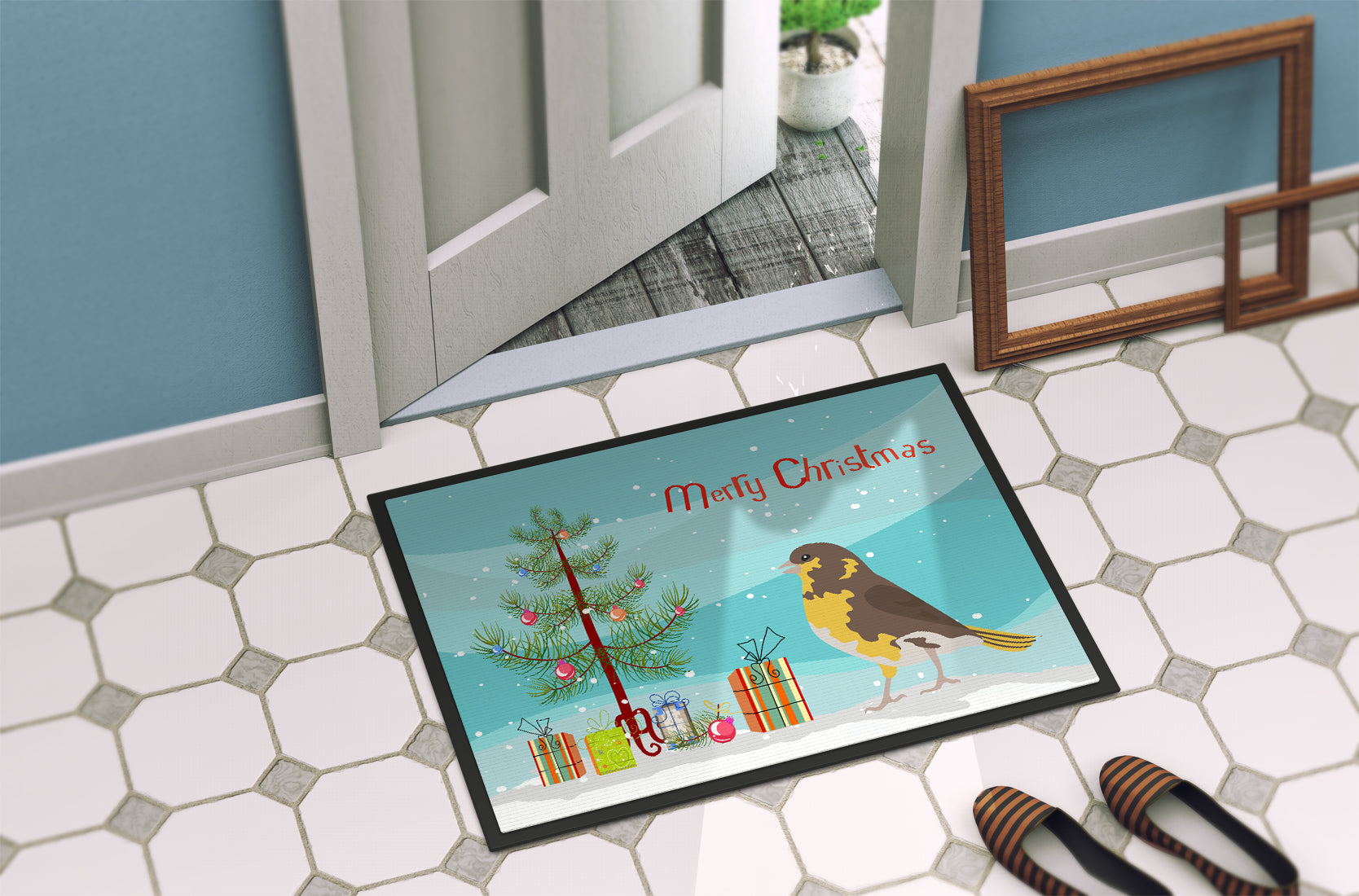 Spanish Canary Merry Christmas Doormat Indoor Outdoor 18H X 27W Front Door Mat Rugs for Entryway, Non Slip Washable