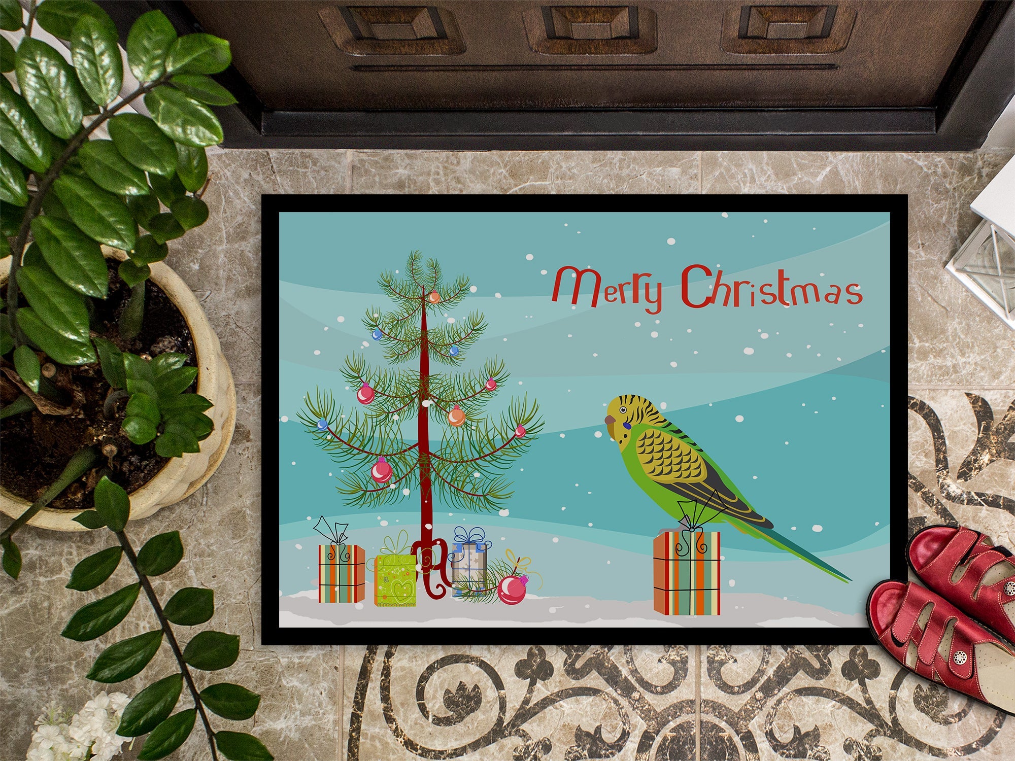 Budgerigar Merry Christmas Doormat Indoor Outdoor 18H X 27W Front Door Mat Rugs for Entryway, Non Slip Washable