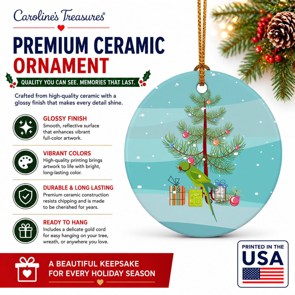 Ring-Necked Parakeet Merry Christmas Ceramic Ornament Christmas Tree Hanging Decorations for Home Christmas Holiday, Party, Gift, 3 in, Multicolor