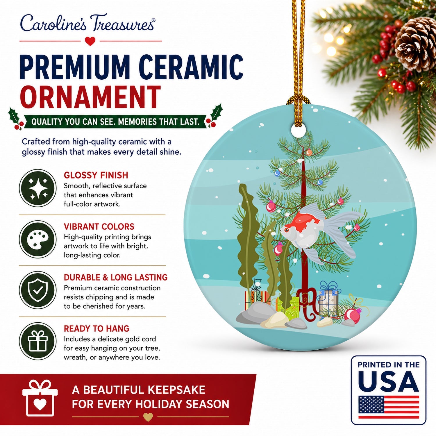 Tamasaba Goldfish Merry Christmas Ceramic Ornament Christmas Tree Hanging Decorations for Home Christmas Holiday, Party, Gift, 3 in, Multicolor