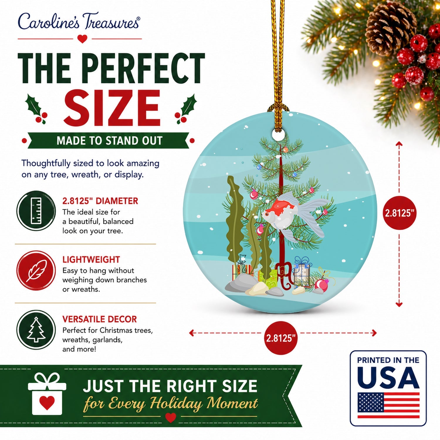 Tamasaba Goldfish Merry Christmas Ceramic Ornament Christmas Tree Hanging Decorations for Home Christmas Holiday, Party, Gift, 3 in, Multicolor