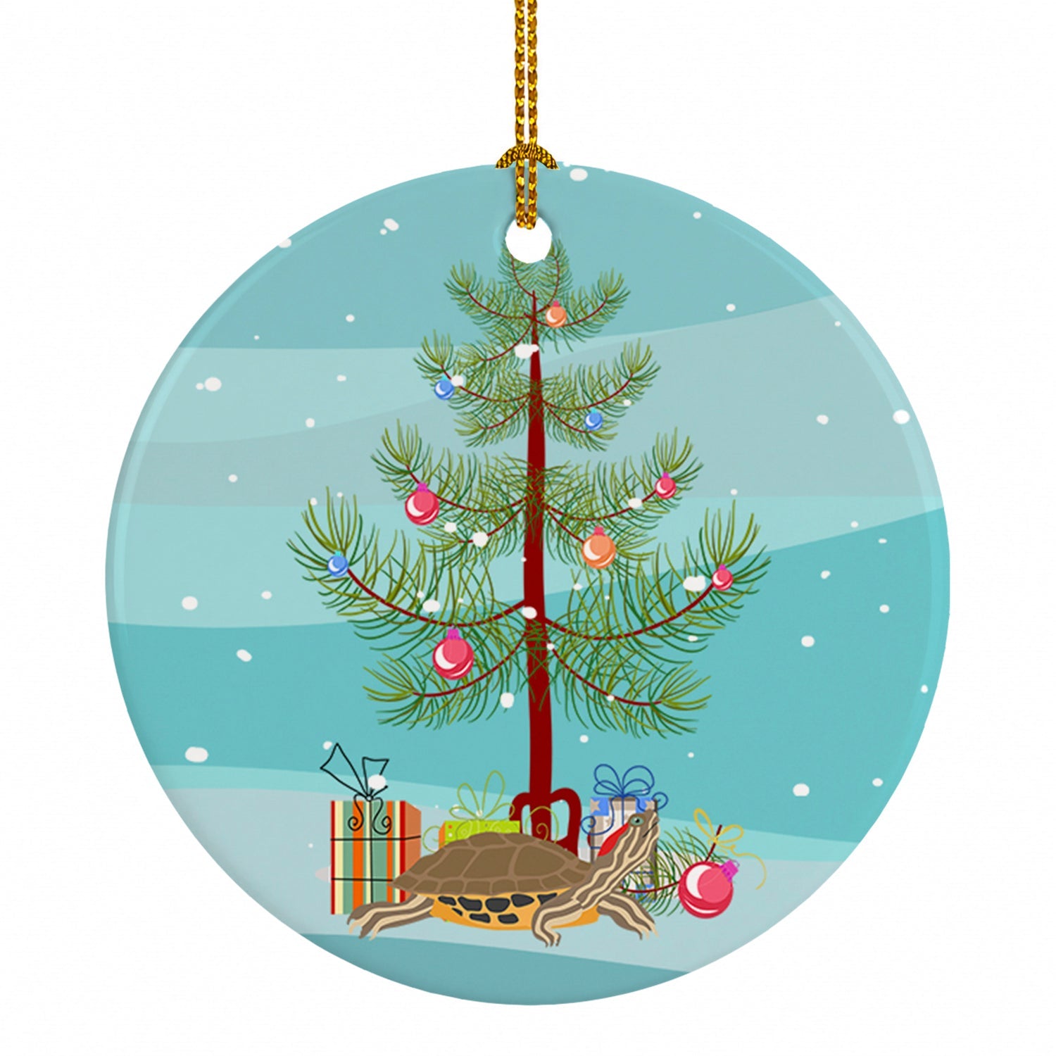 Pond Slider Turtle Merry Christmas Ceramic Ornament Christmas Tree Hanging Decorations for Home Christmas Holiday, Party, Gift, 3 in, Multicolor