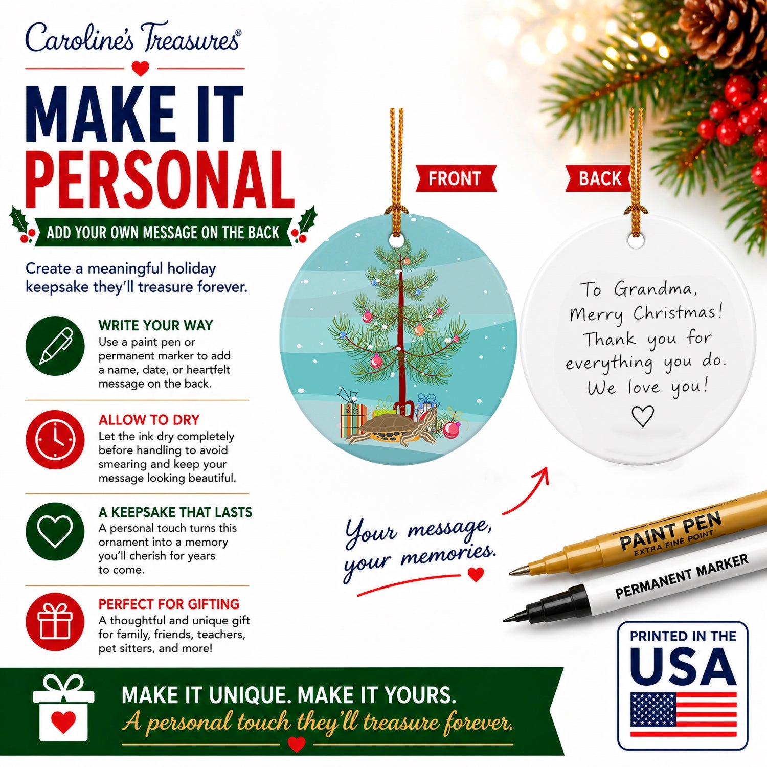 Pond Slider Turtle Merry Christmas Ceramic Ornament Christmas Tree Hanging Decorations for Home Christmas Holiday, Party, Gift, 3 in, Multicolor