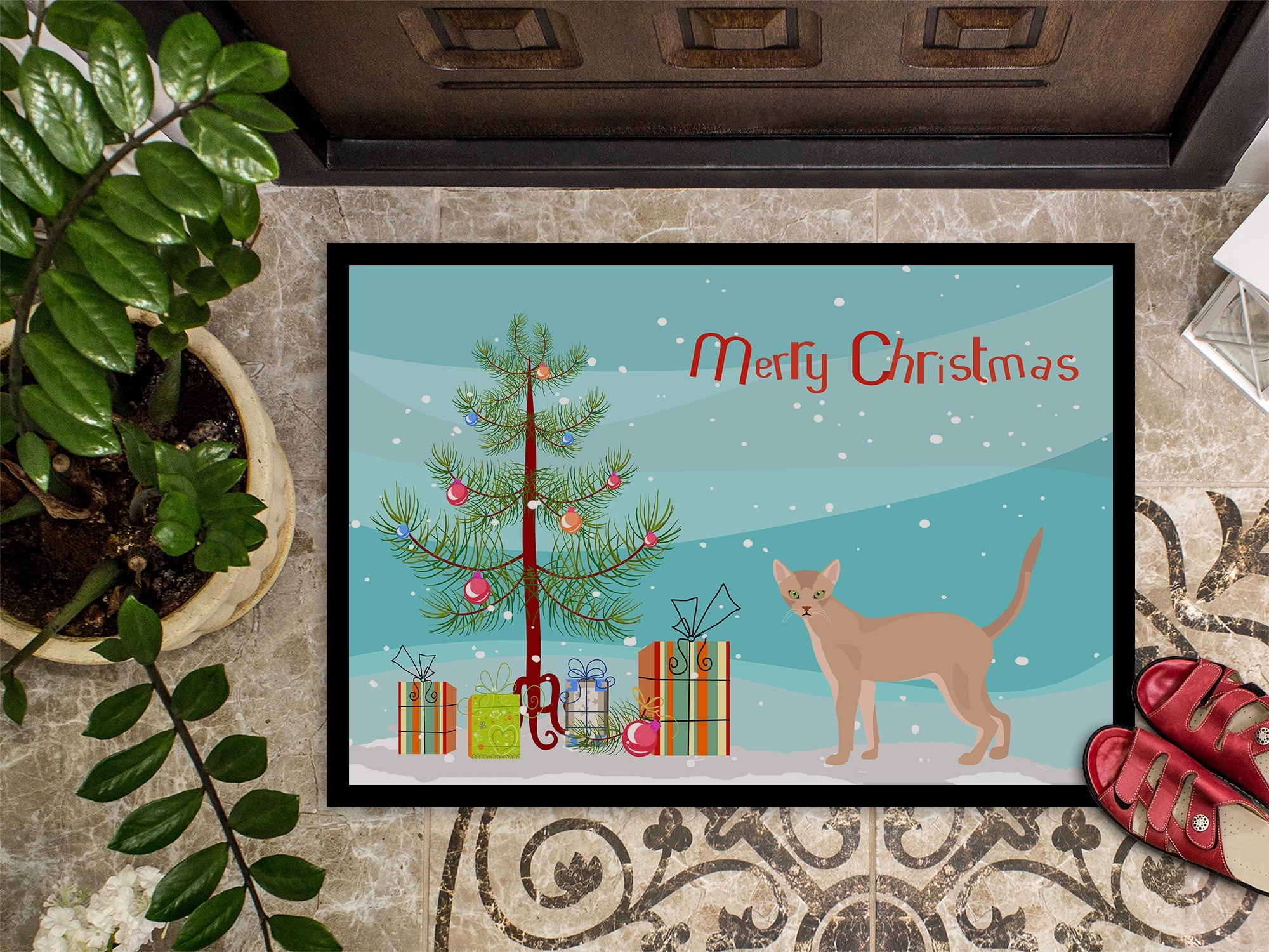 Fawn Abyssinian Cat Christmas Doormat Indoor Outdoor 18H X 27W Front Door Mat Rugs for Entryway, Non Slip Washable