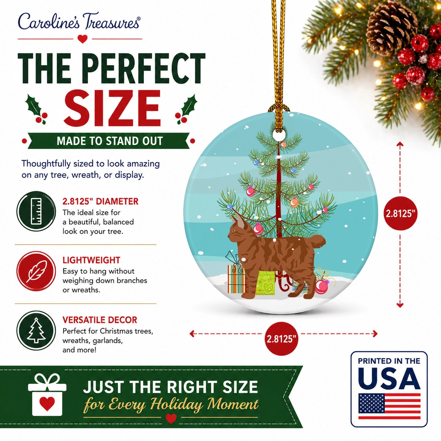 American Bobtail Cat Christmas Ceramic Ornament Christmas Tree Hanging Decorations for Home Christmas Holiday, Party, Gift, 3 in, Multicolor