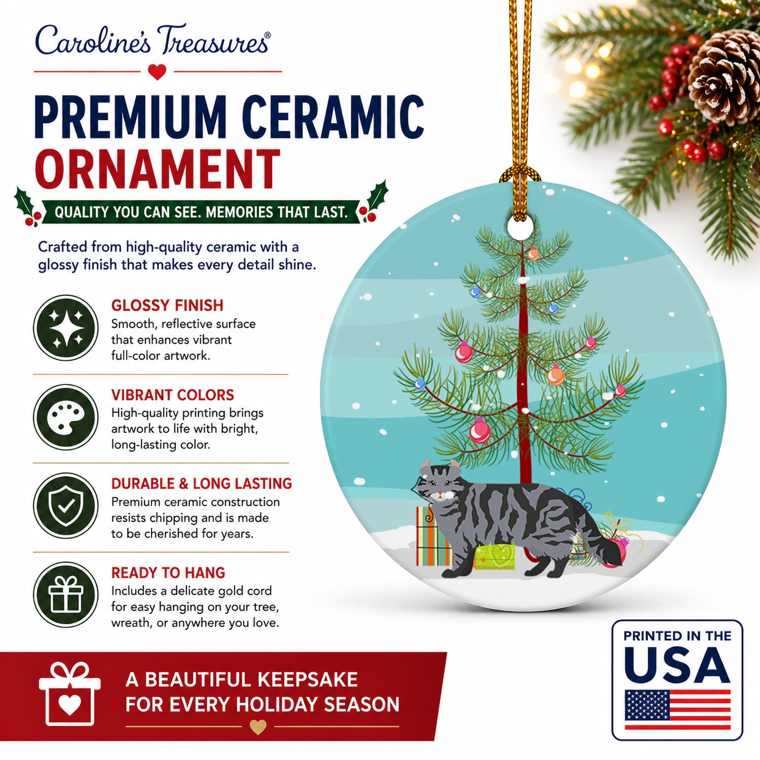 American Curl Cat Christmas Ceramic Ornament Christmas Tree Hanging Decorations for Home Christmas Holiday, Party, Gift, 3 in, Multicolor