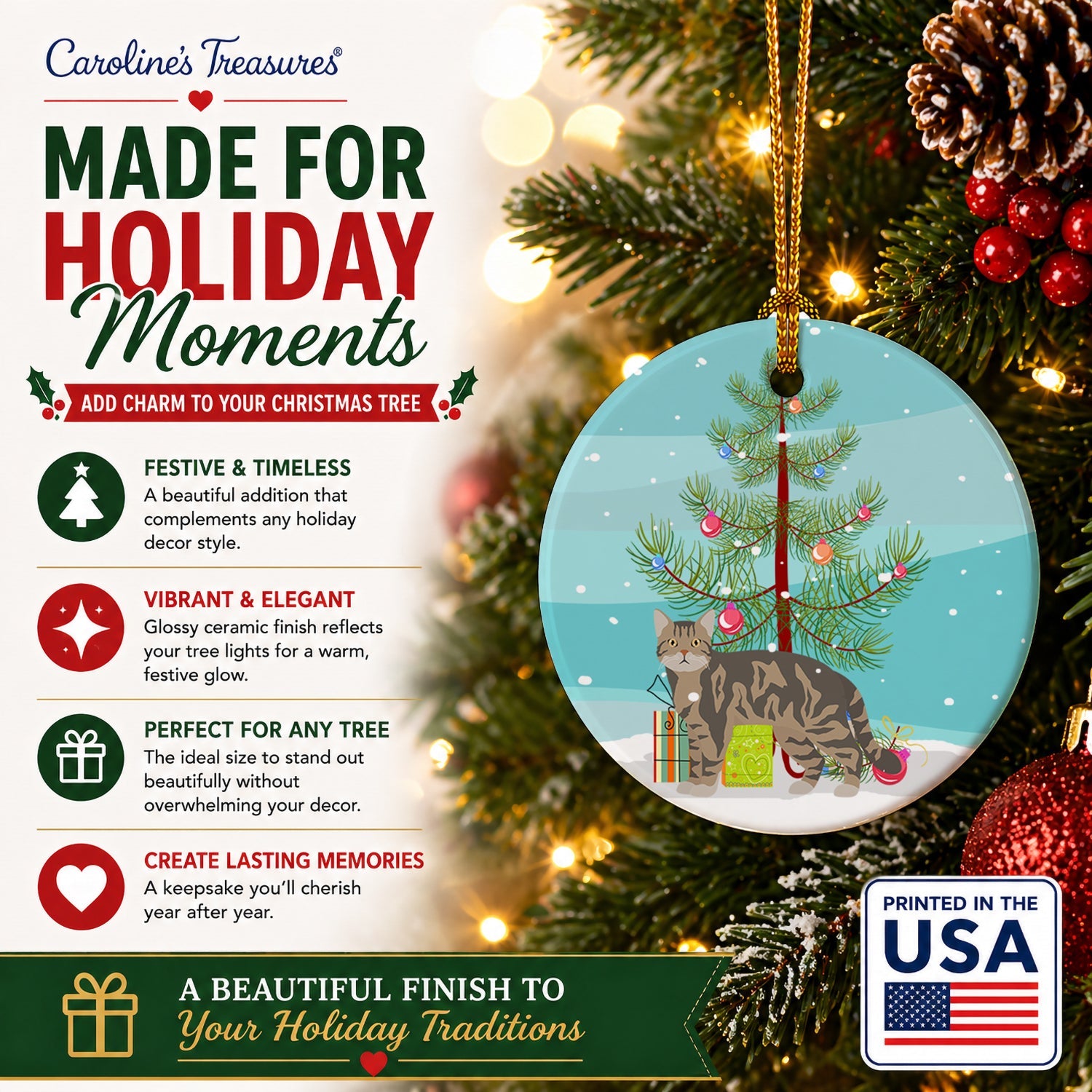 American Wirehair Cat Christmas Ceramic Ornament Christmas Tree Hanging Decorations for Home Christmas Holiday, Party, Gift, 3 in, Multicolor