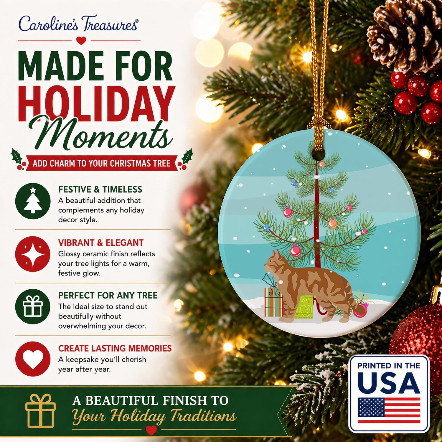 American Wirehair Cat Christmas Ceramic Ornament Christmas Tree Hanging Decorations for Home Christmas Holiday, Party, Gift, 3 in, Multicolor