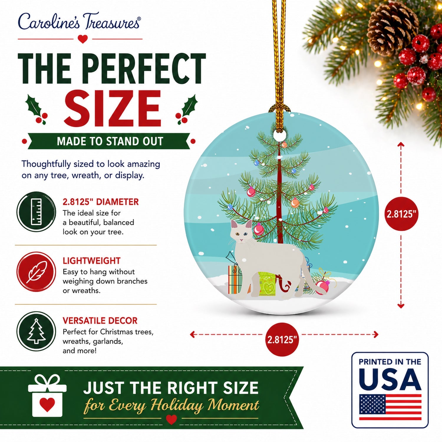 Aphrodite Giant Cat Christmas Ceramic Ornament Christmas Tree Hanging Decorations for Home Christmas Holiday, Party, Gift, 3 in, Multicolor