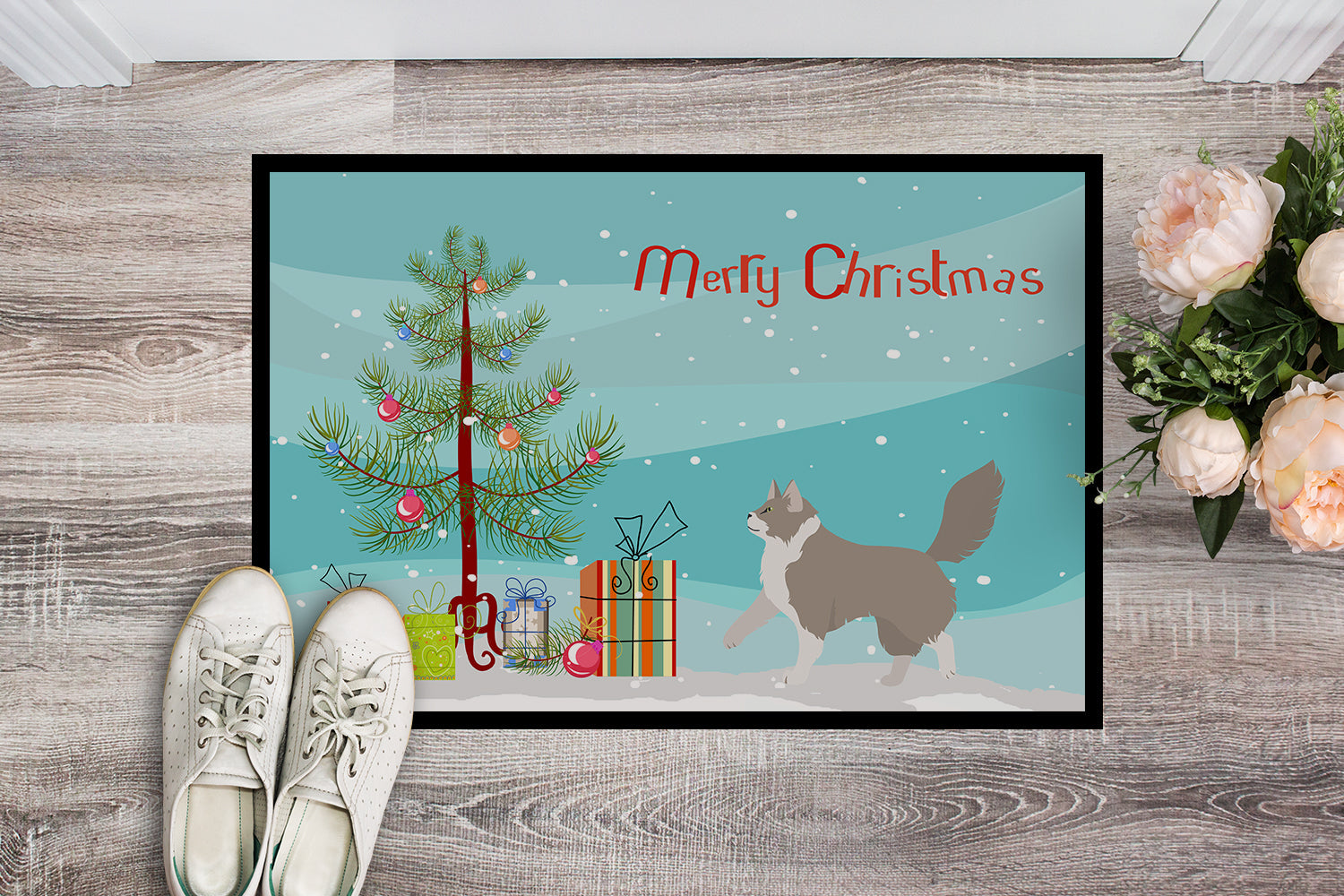 Asian Semi Longhaired Cat Christmas Doormat Indoor Outdoor 18H X 27W Front Door Mat Rugs for Entryway, Non Slip Washable
