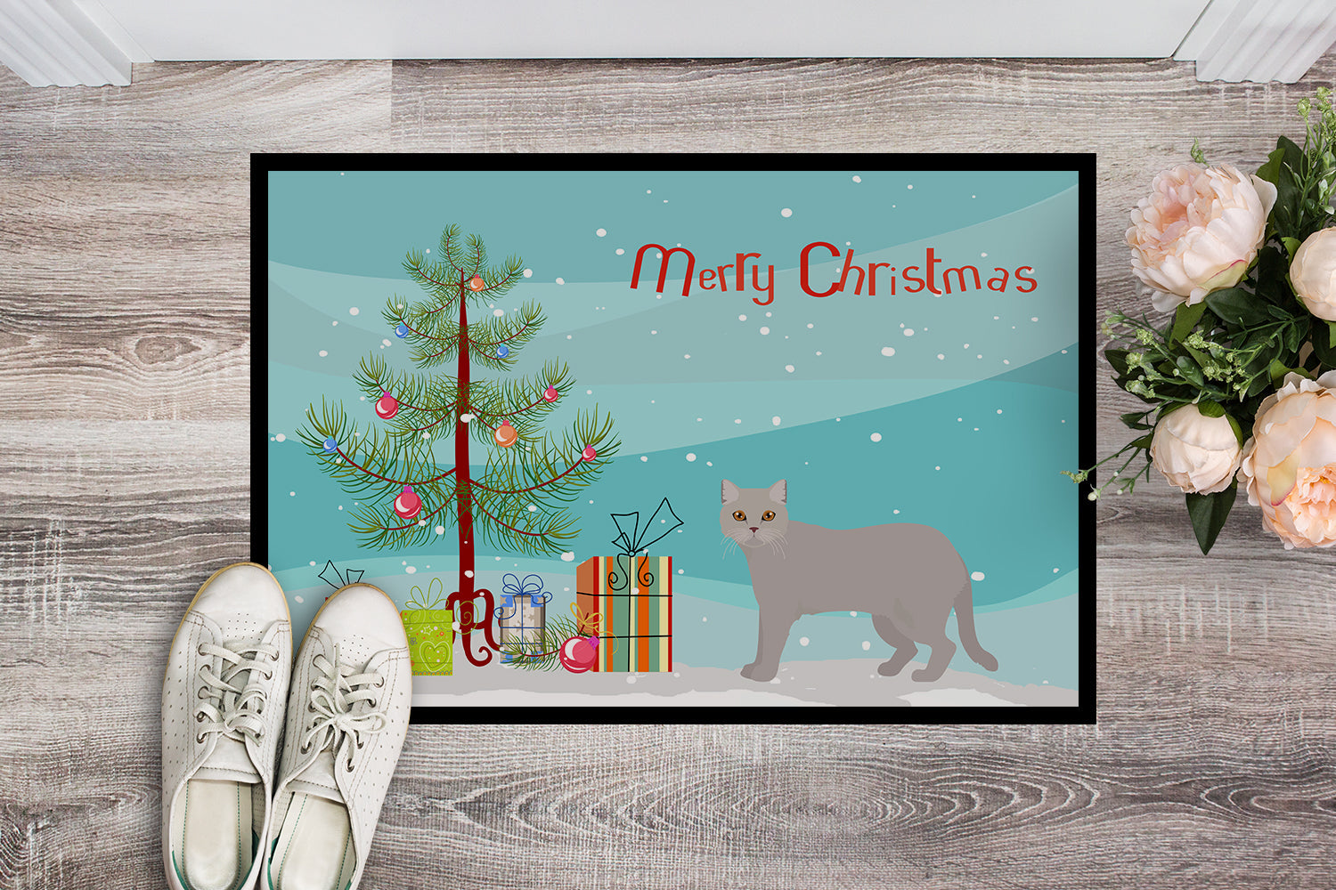 British Semi Longhair Cat Christmas Doormat Indoor Outdoor 18H X 27W Front Door Mat Rugs for Entryway, Non Slip Washable