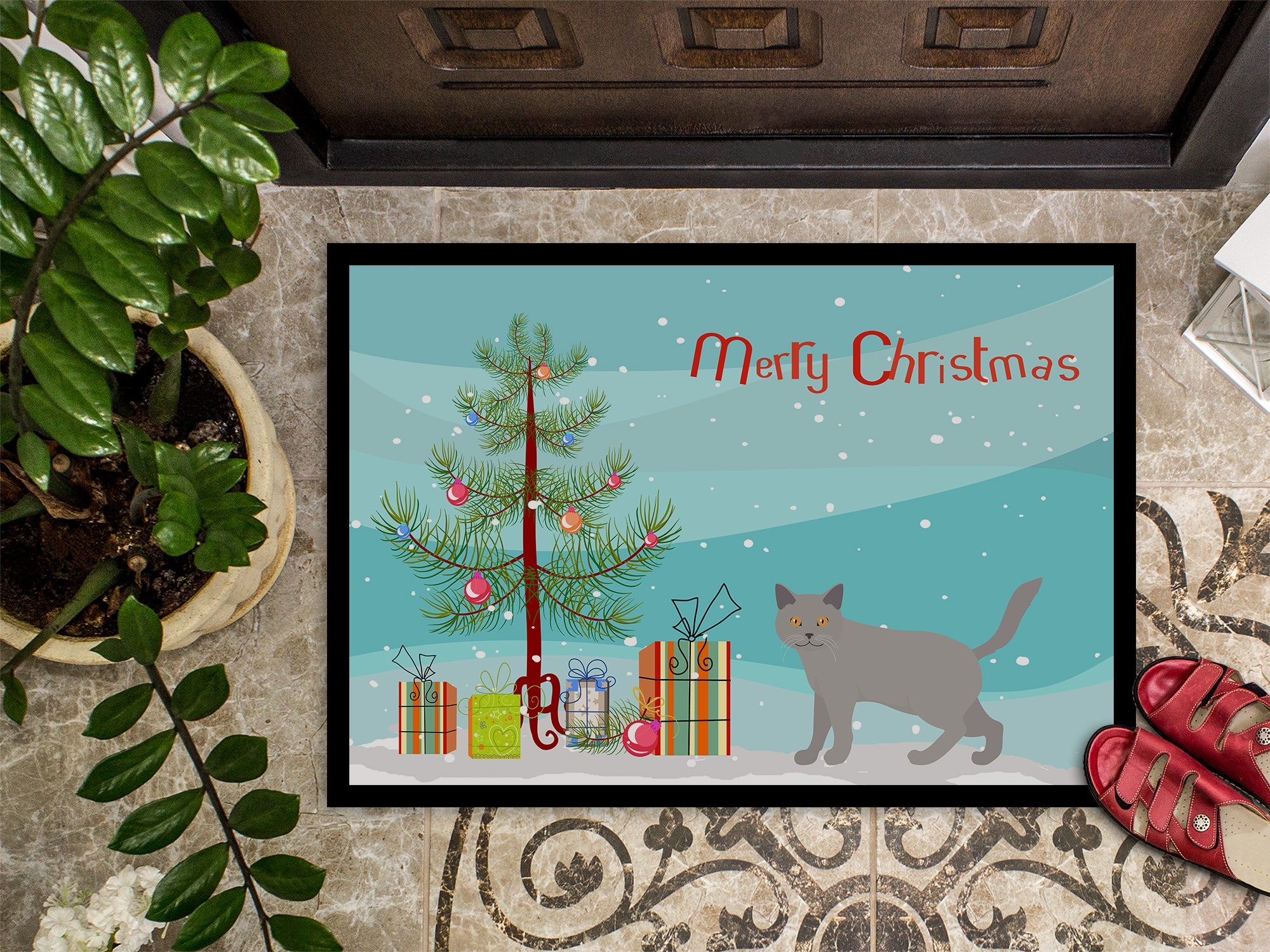 Chartreux Cat Christmas Doormat Indoor Outdoor 24H X 36W Front Door Mat Rugs for Entryway, Non Slip Washable Low Pile,