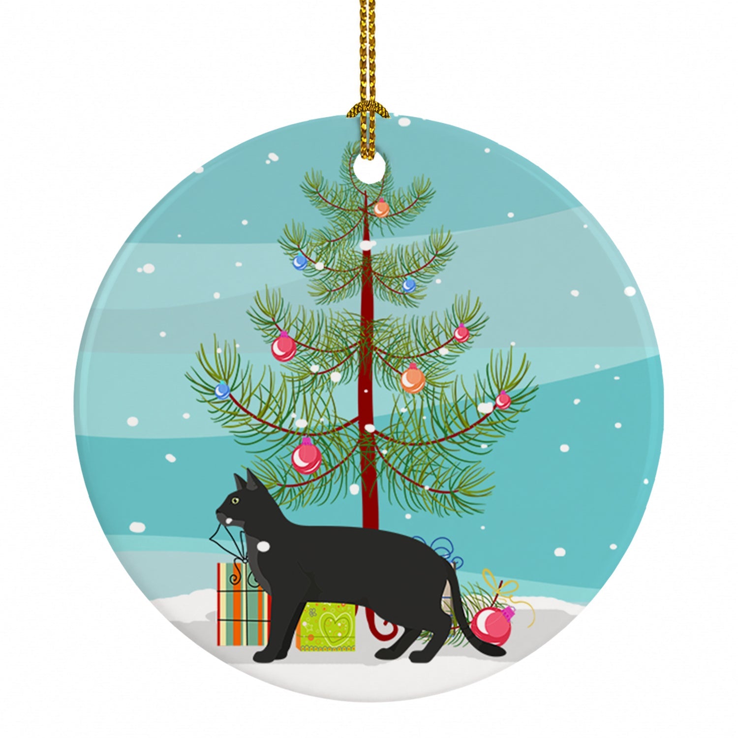 Chausie Black Cat Christmas Ceramic Ornament Christmas Tree Hanging Decorations for Home Christmas Holiday, Party, Gift, 3 in, Multicolor