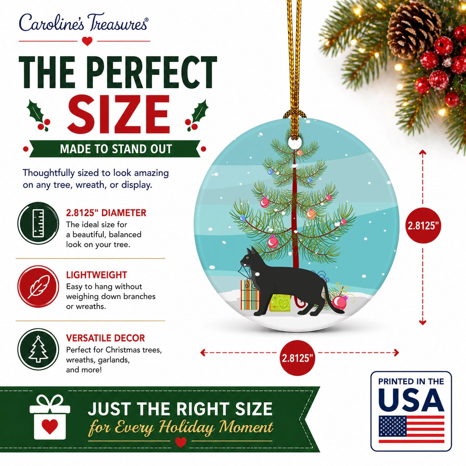 Chausie Black Cat Christmas Ceramic Ornament Christmas Tree Hanging Decorations for Home Christmas Holiday, Party, Gift, 3 in, Multicolor