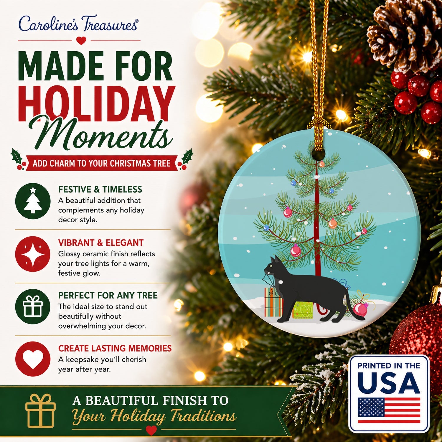 Chausie Black Cat Christmas Ceramic Ornament Christmas Tree Hanging Decorations for Home Christmas Holiday, Party, Gift, 3 in, Multicolor