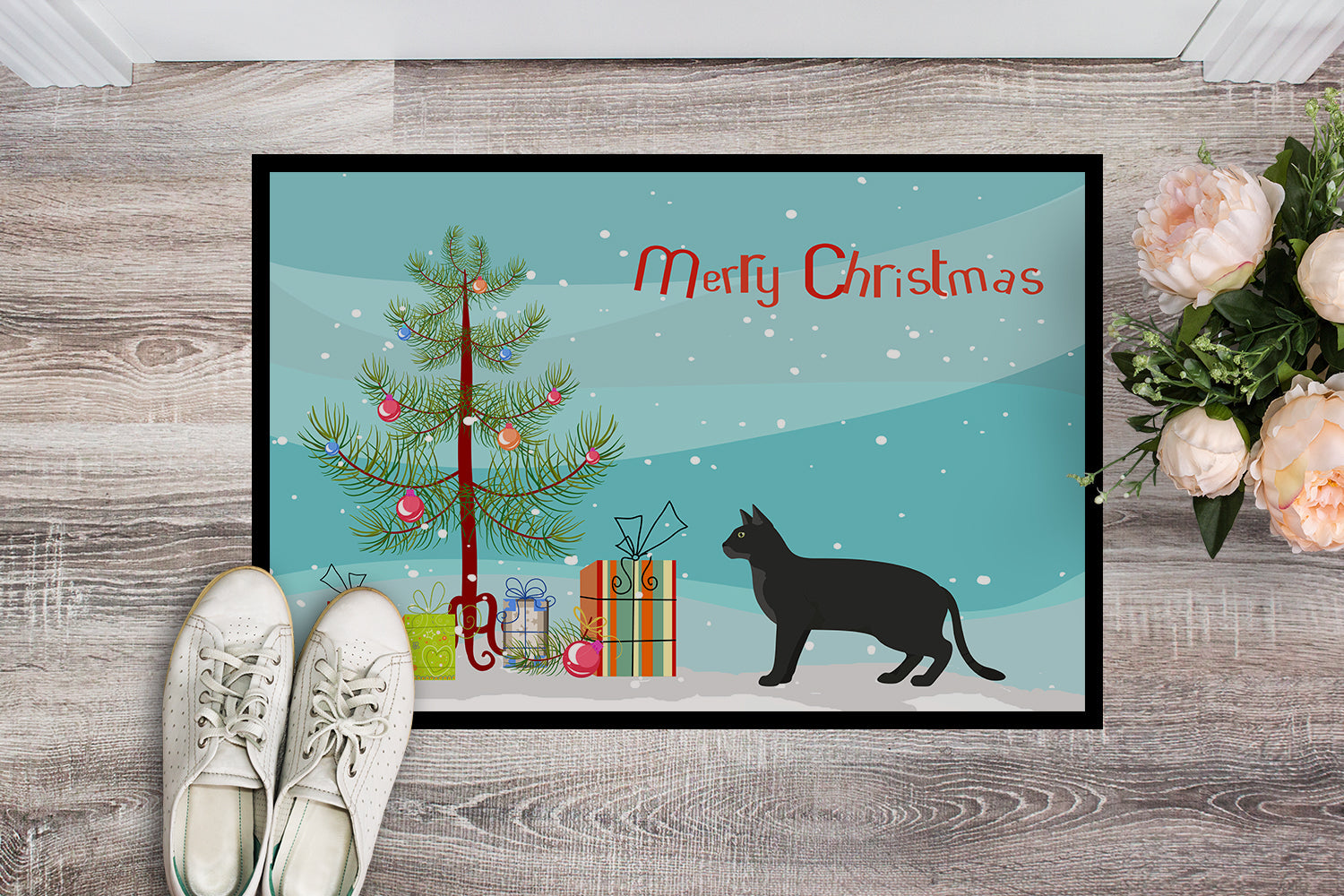 Chausie Black Cat Christmas Doormat Indoor Outdoor 24H X 36W Front Door Mat Rugs for Entryway, Non Slip Washable Low Pile,