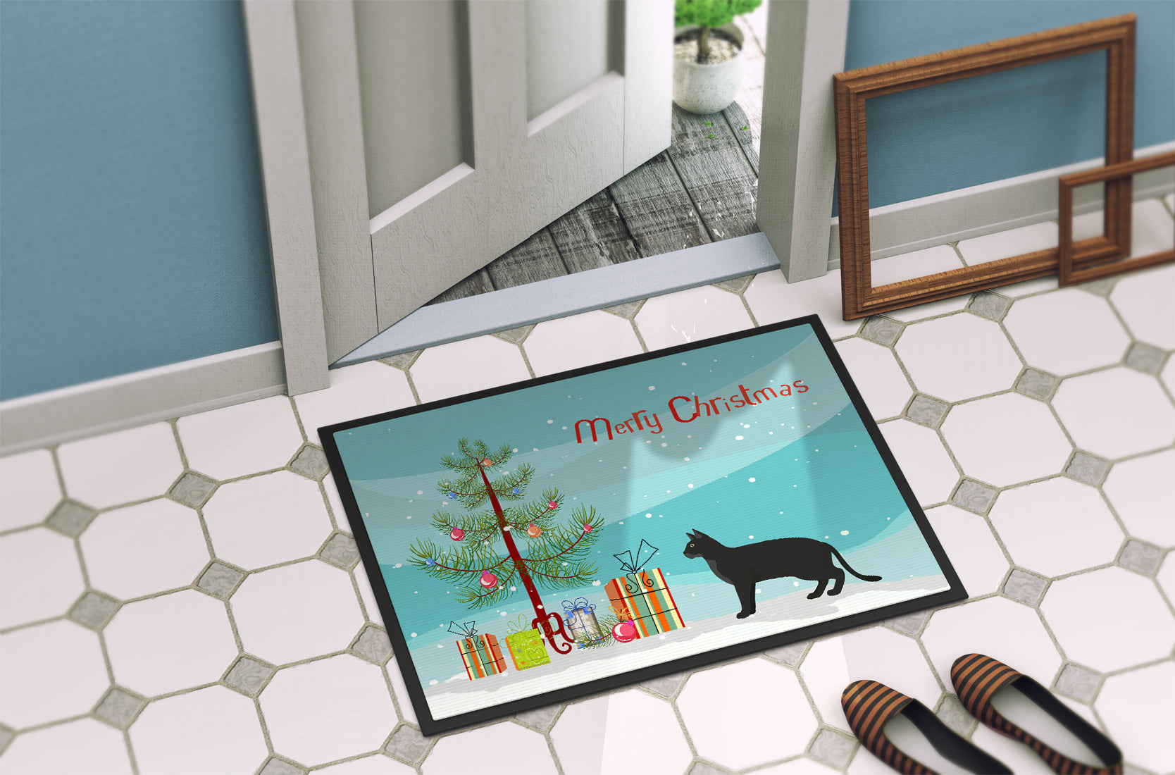 Chausie Black Cat Christmas Doormat Indoor Outdoor 18H X 27W Front Door Mat Rugs for Entryway, Non Slip Washable