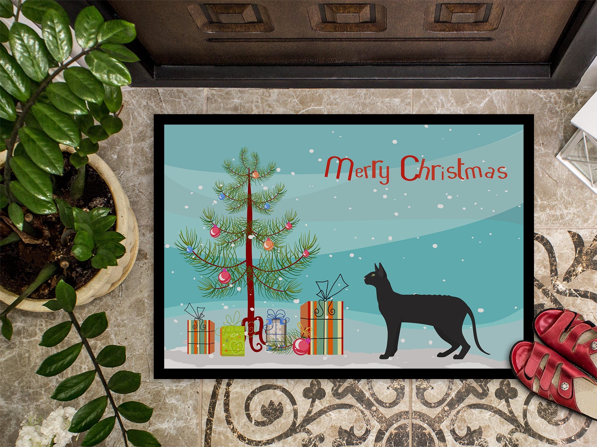 Black Cornish Rex Cat Christmas Doormat Indoor Outdoor 24H X 36W Front Door Mat Rugs for Entryway, Non Slip Washable Low Pile,