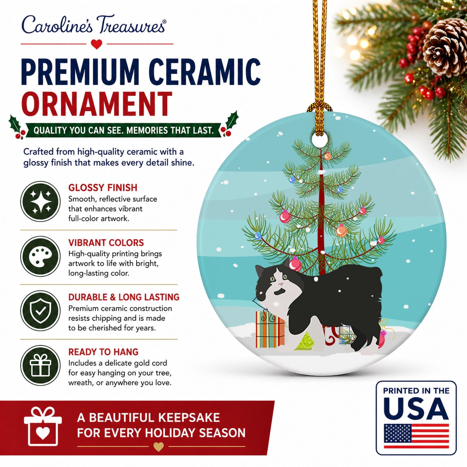 Cymric Cat Christmas Ceramic Ornament Christmas Tree Hanging Decorations for Home Christmas Holiday, Party, Gift, 3 in, Multicolor
