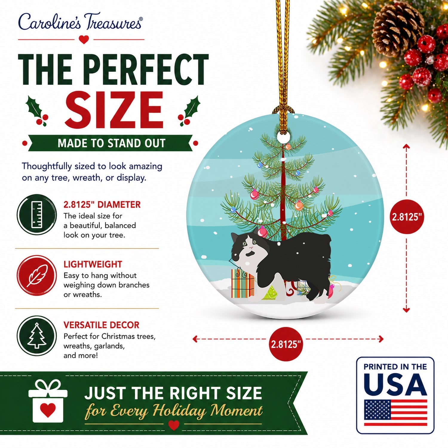 Cymric Cat Christmas Ceramic Ornament Christmas Tree Hanging Decorations for Home Christmas Holiday, Party, Gift, 3 in, Multicolor