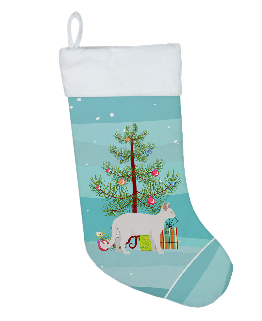 White Devon Rex Cat Christmas Holiday Stocking Double-Sided Print, Polyester Suede,11x18, Made in USA