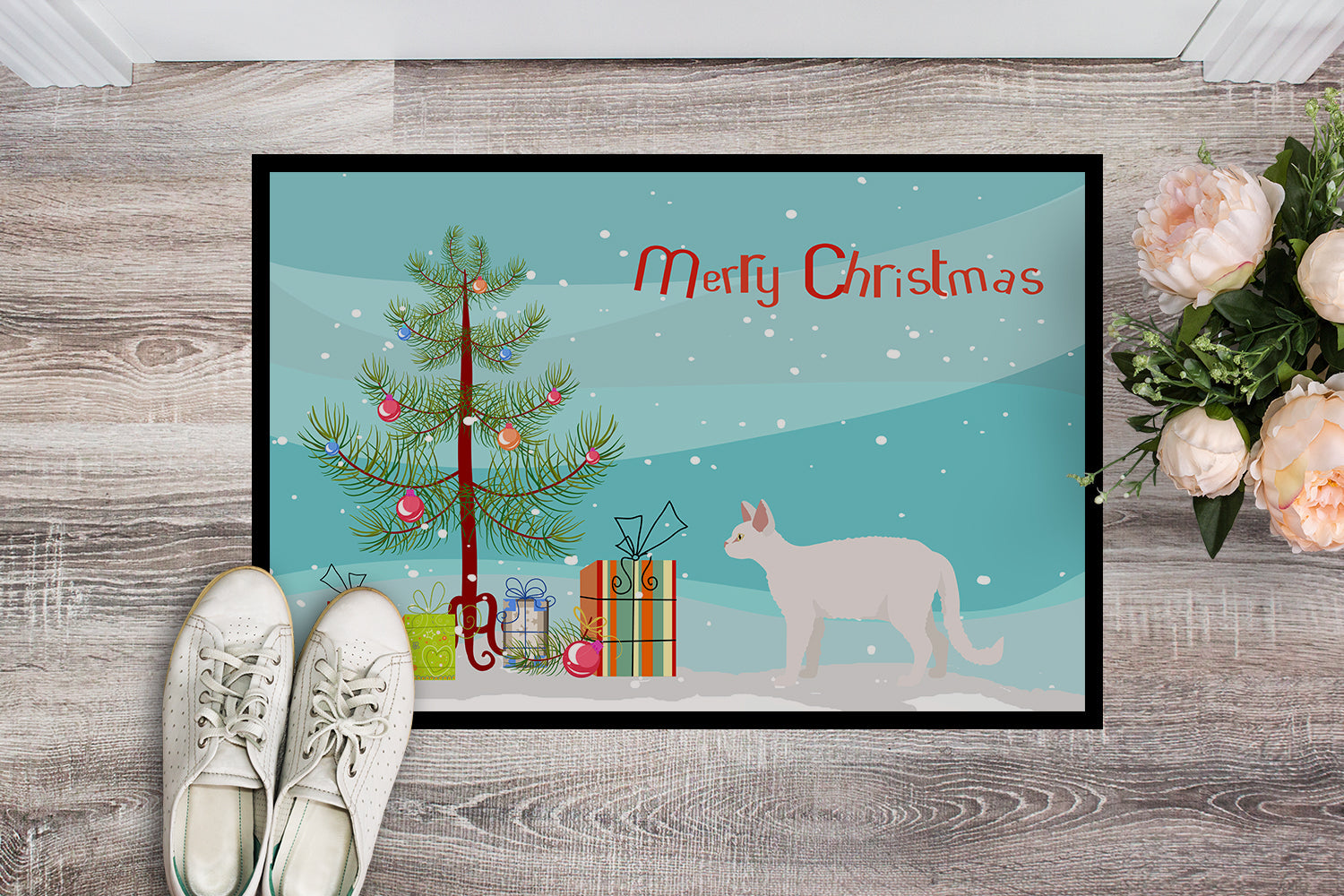 White Devon Rex Cat Christmas Doormat Indoor Outdoor 24H X 36W Front Door Mat Rugs for Entryway, Non Slip Washable Low Pile,