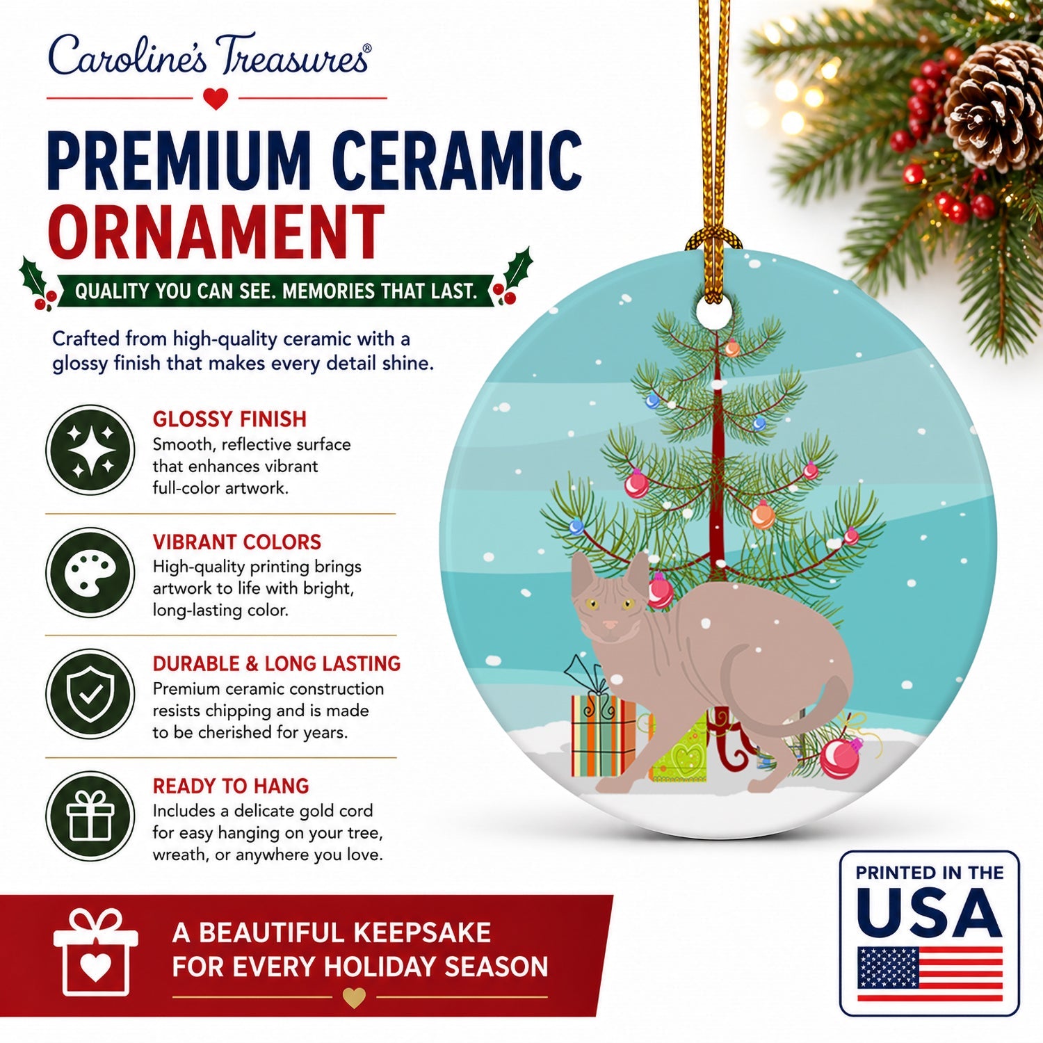 Don Sphynx Cat Christmas Ceramic Ornament Christmas Tree Hanging Decorations for Home Christmas Holiday, Party, Gift, 3 in, Multicolor