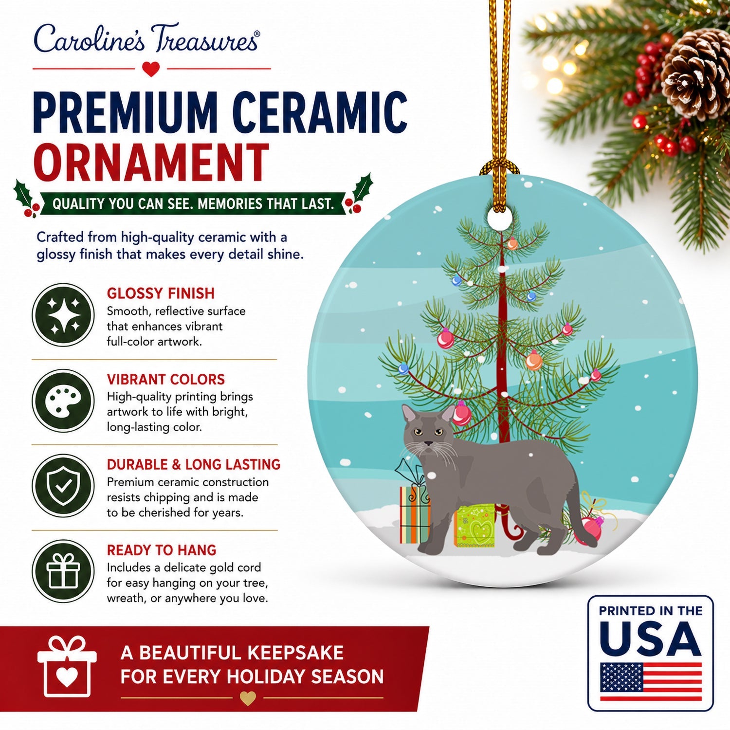 European Burmese Cat Christmas Ceramic Ornament Christmas Tree Hanging Decorations for Home Christmas Holiday, Party, Gift, 3 in, Multicolor