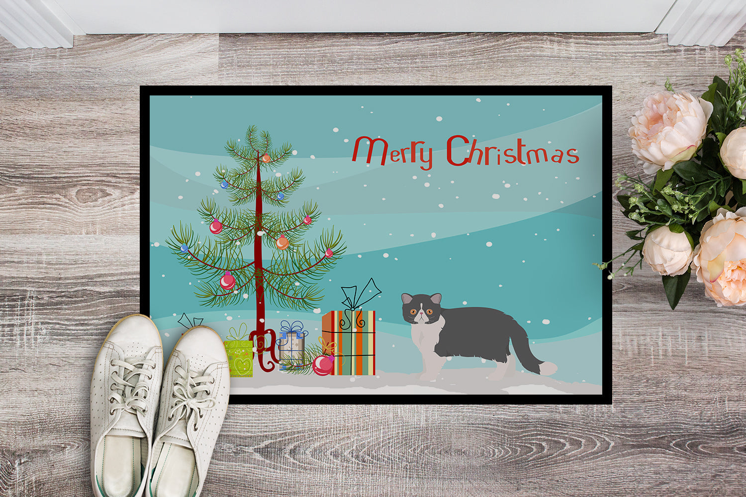 Exotic Shorthair Cat Christmas Doormat Indoor Outdoor 18H X 27W Front Door Mat Rugs for Entryway, Non Slip Washable