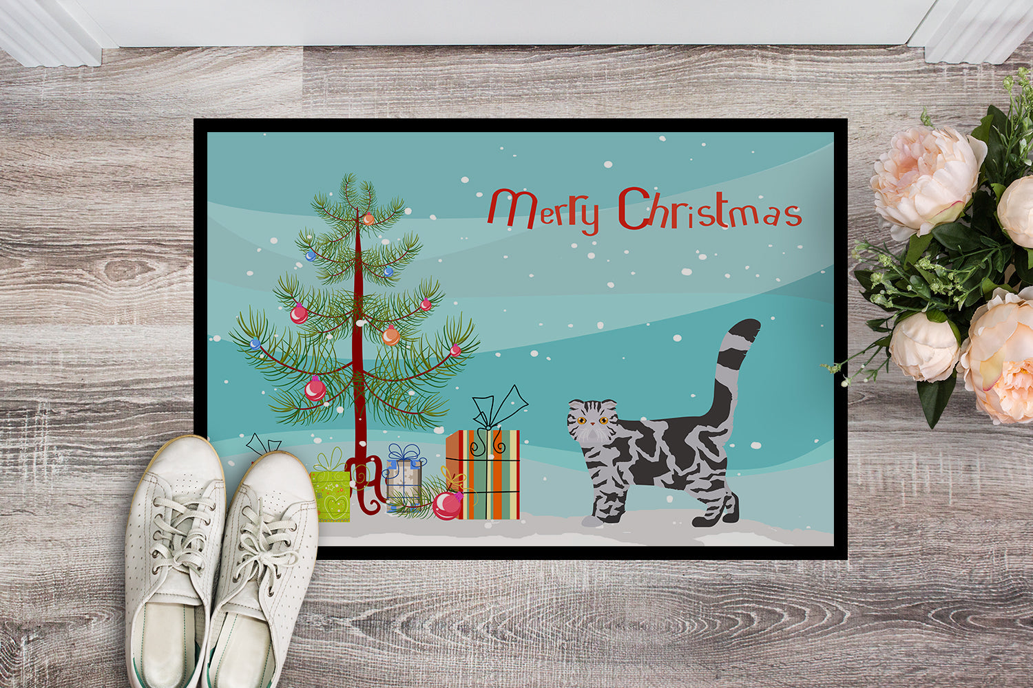 Foldex Exotic Fold Cat Christmas Doormat Indoor Outdoor 24H X 36W Front Door Mat Rugs for Entryway, Non Slip Washable Low Pile,