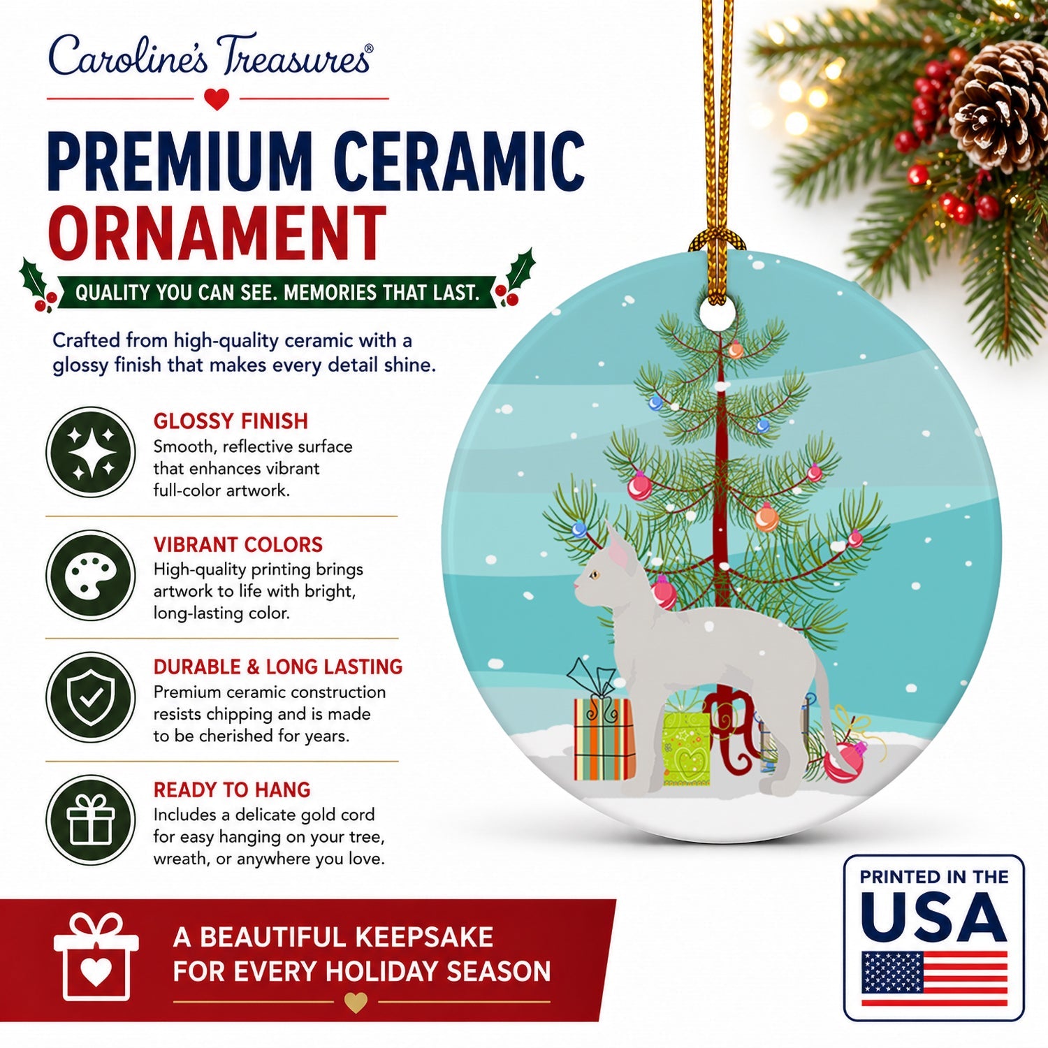 German Rex Cat Christmas Ceramic Ornament Christmas Tree Hanging Decorations for Home Christmas Holiday, Party, Gift, 3 in, Multicolor