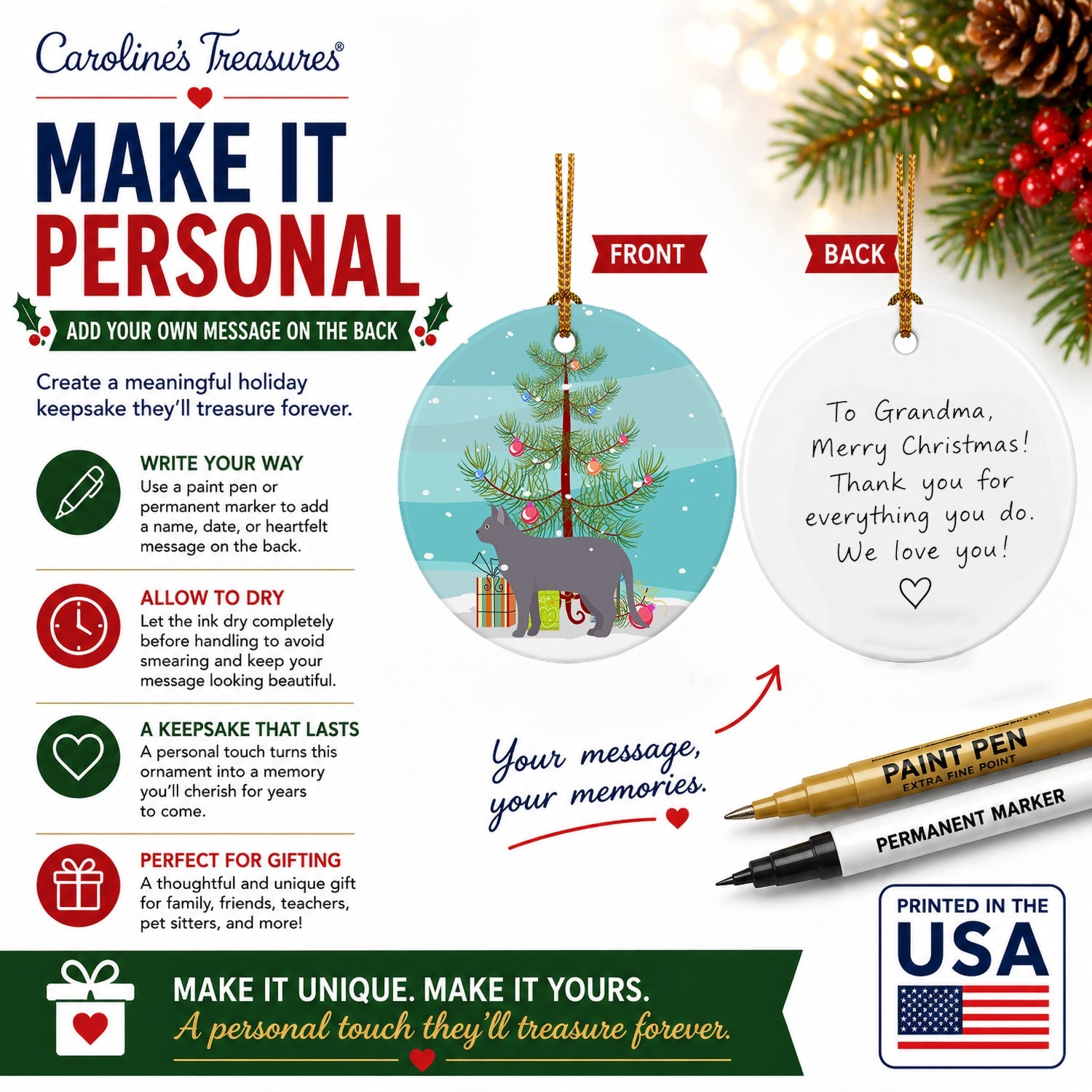 Korat Cat Christmas Ceramic Ornament Christmas Tree Hanging Decorations for Home Christmas Holiday, Party, Gift, 3 in, Multicolor