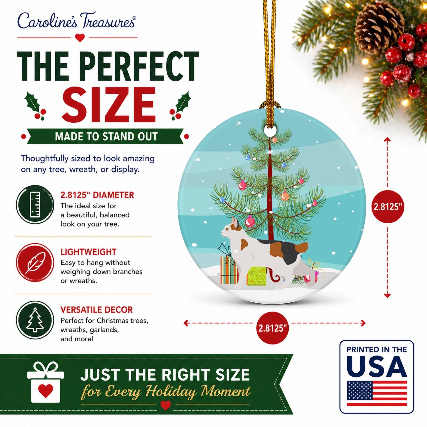 Korean Bobtail Cat Christmas Ceramic Ornament Christmas Tree Hanging Decorations for Home Christmas Holiday, Party, Gift, 3 in, Multicolor