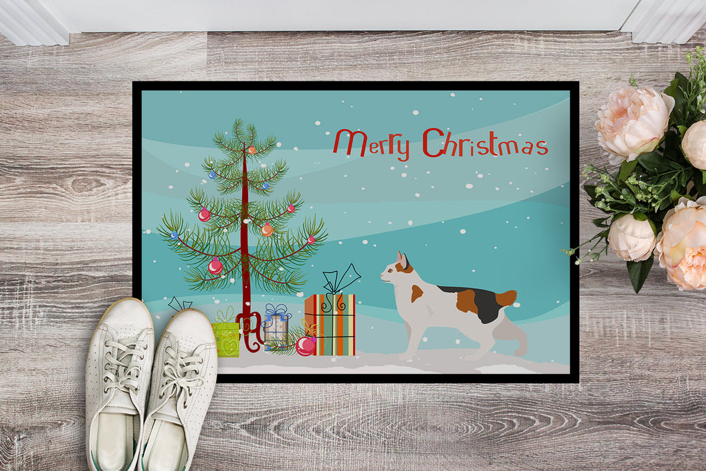Korean Bobtail Cat Christmas Doormat Indoor Outdoor 24H X 36W Front Door Mat Rugs for Entryway, Non Slip Washable Low Pile,