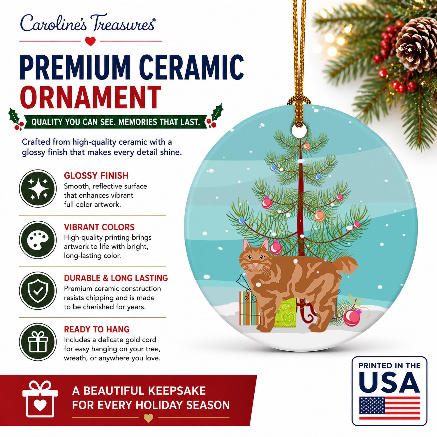 Kurilian Bobtail Cat Christmas Ceramic Ornament Christmas Tree Hanging Decorations for Home Christmas Holiday, Party, Gift, 3 in, Multicolor