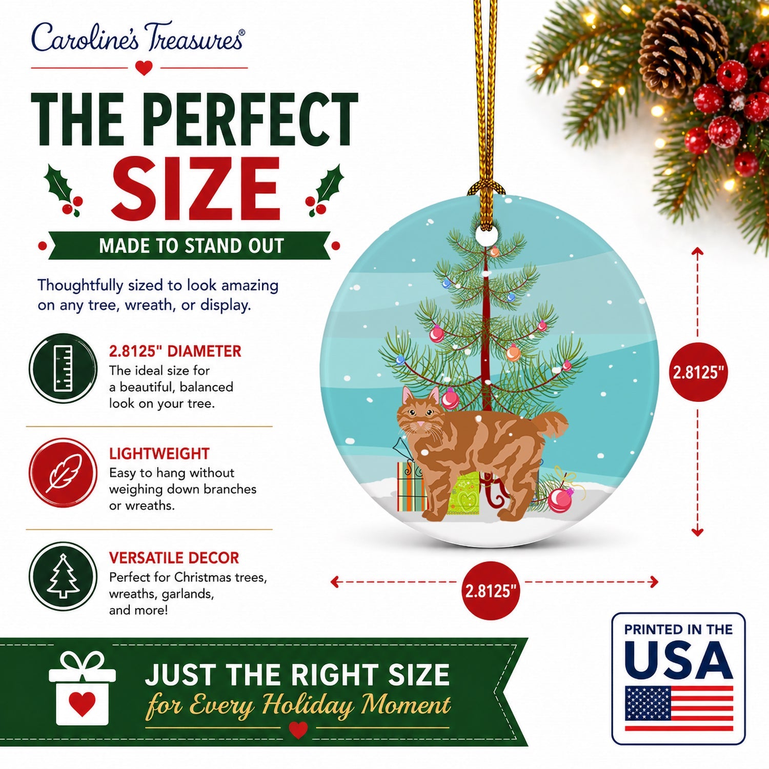 Kurilian Bobtail Cat Christmas Ceramic Ornament Christmas Tree Hanging Decorations for Home Christmas Holiday, Party, Gift, 3 in, Multicolor
