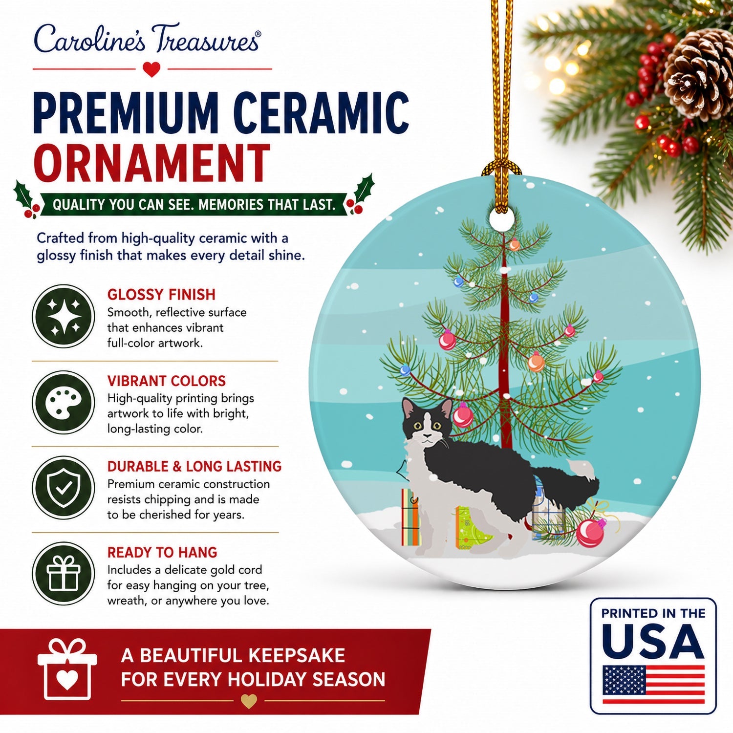 La Perm Cat Christmas Ceramic Ornament Christmas Tree Hanging Decorations for Home Christmas Holiday, Party, Gift, 3 in, Multicolor