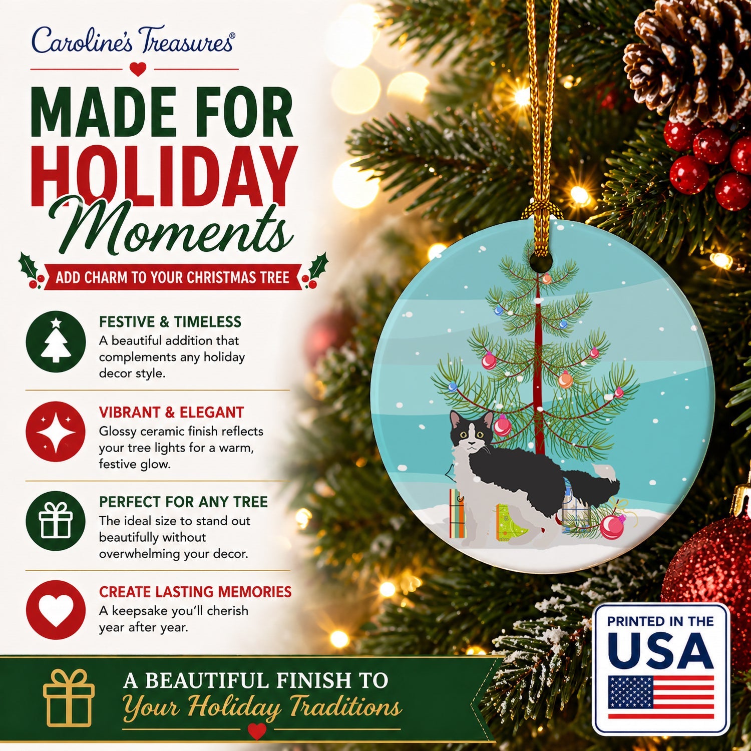 La Perm Cat Christmas Ceramic Ornament Christmas Tree Hanging Decorations for Home Christmas Holiday, Party, Gift, 3 in, Multicolor