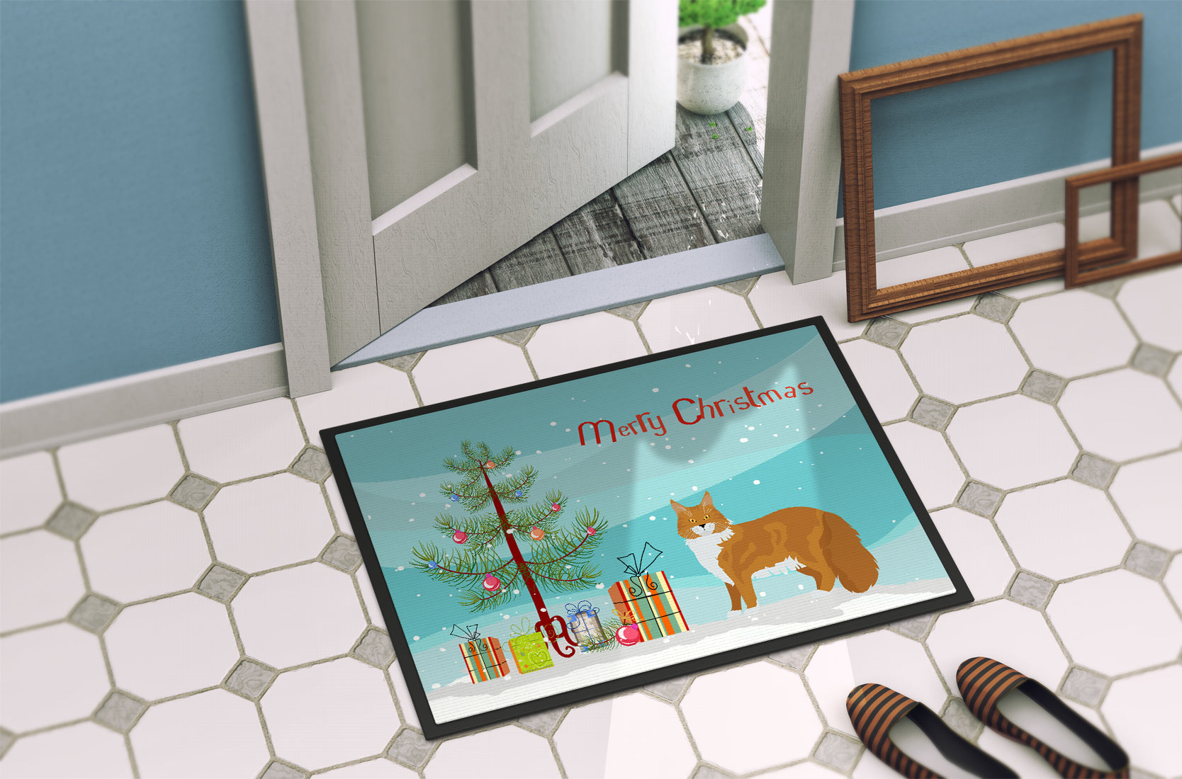 Maine Coon Cat Christmas Doormat Indoor Outdoor 18H X 27W Front Door Mat Rugs for Entryway, Non Slip Washable