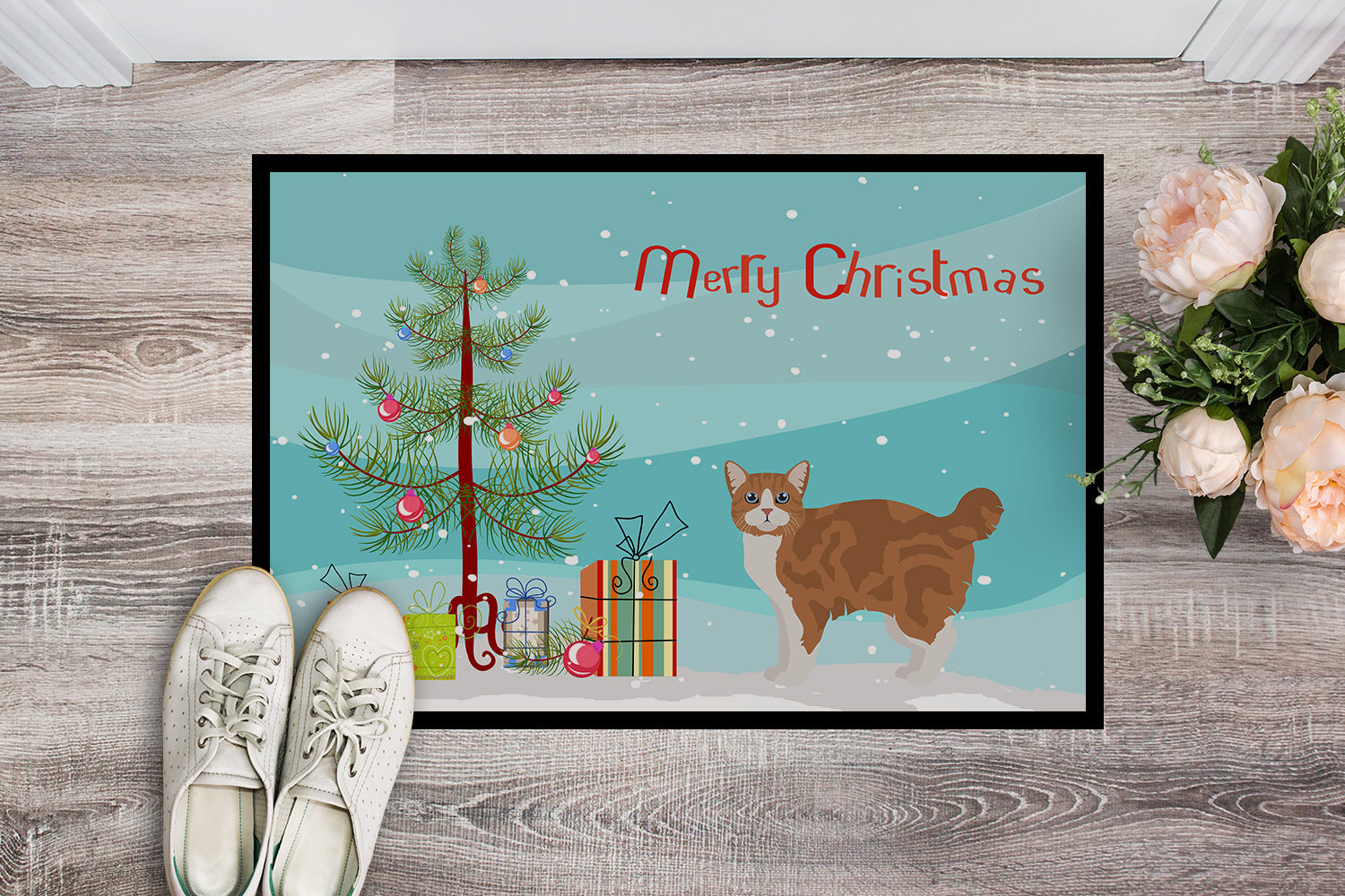 Manx Cat Christmas Doormat Indoor Outdoor 24H X 36W Front Door Mat Rugs for Entryway, Non Slip Washable Low Pile,