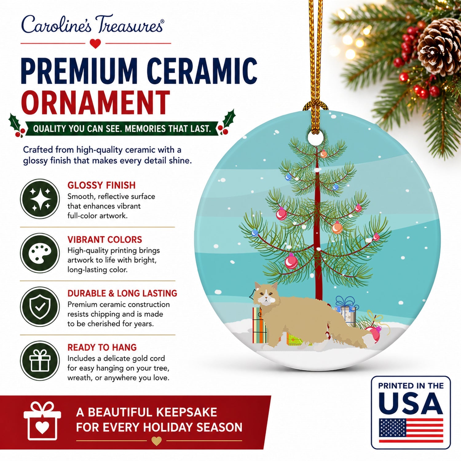 Oregon Rex Cat Christmas Ceramic Ornament Christmas Tree Hanging Decorations for Home Christmas Holiday, Party, Gift, 3 in, Multicolor