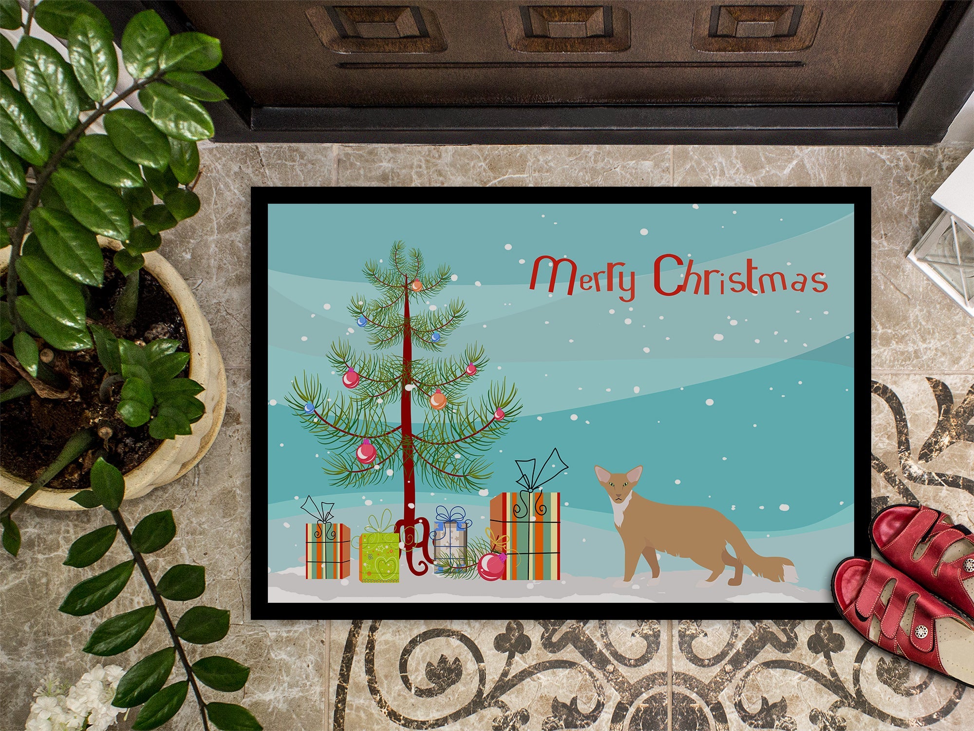 Oriental Longhair Cat Christmas Doormat Indoor Outdoor 18H X 27W Front Door Mat Rugs for Entryway, Non Slip Washable