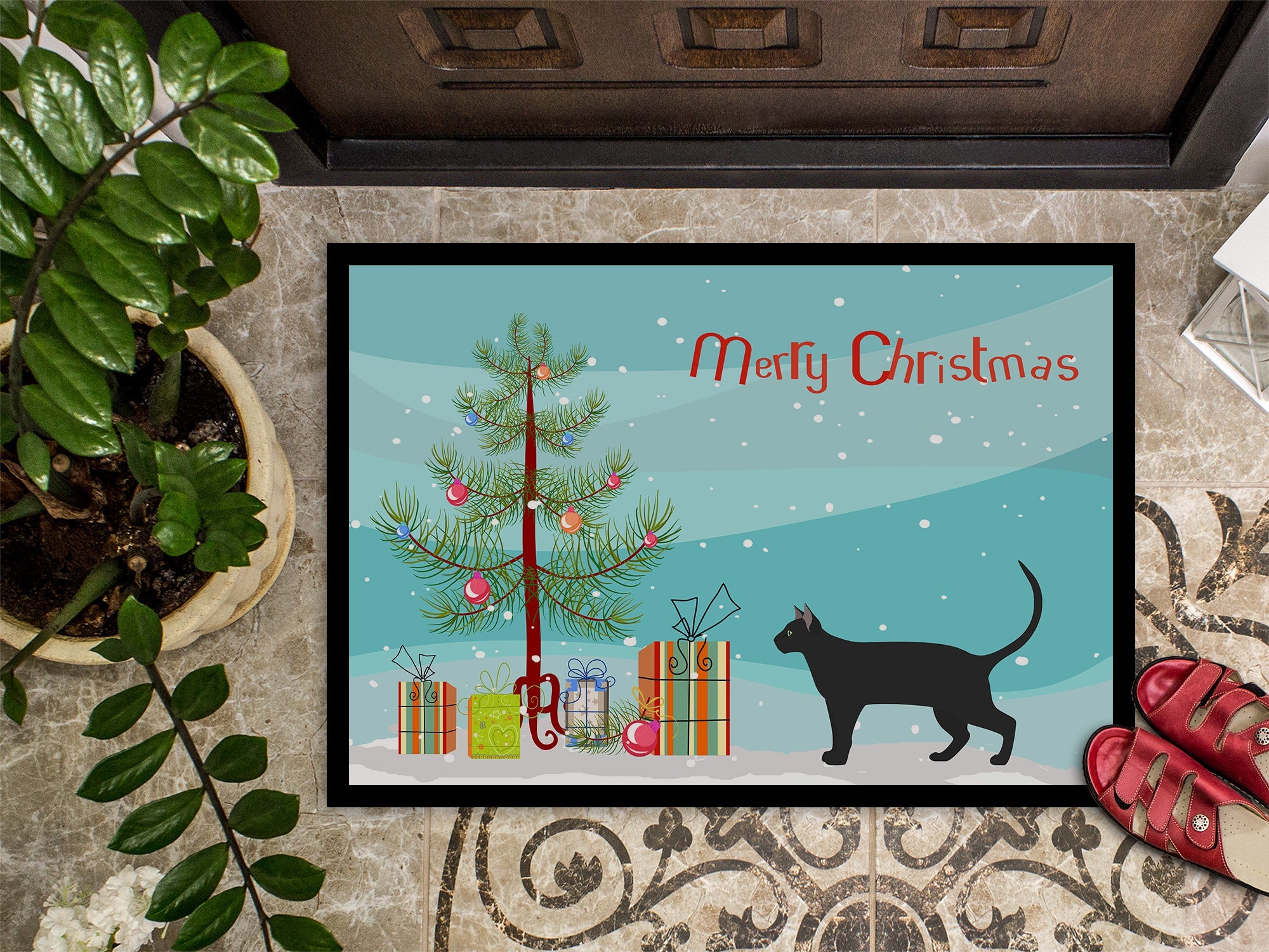 Pantherette Cat Christmas Doormat Indoor Outdoor 24H X 36W Front Door Mat Rugs for Entryway, Non Slip Washable Low Pile,