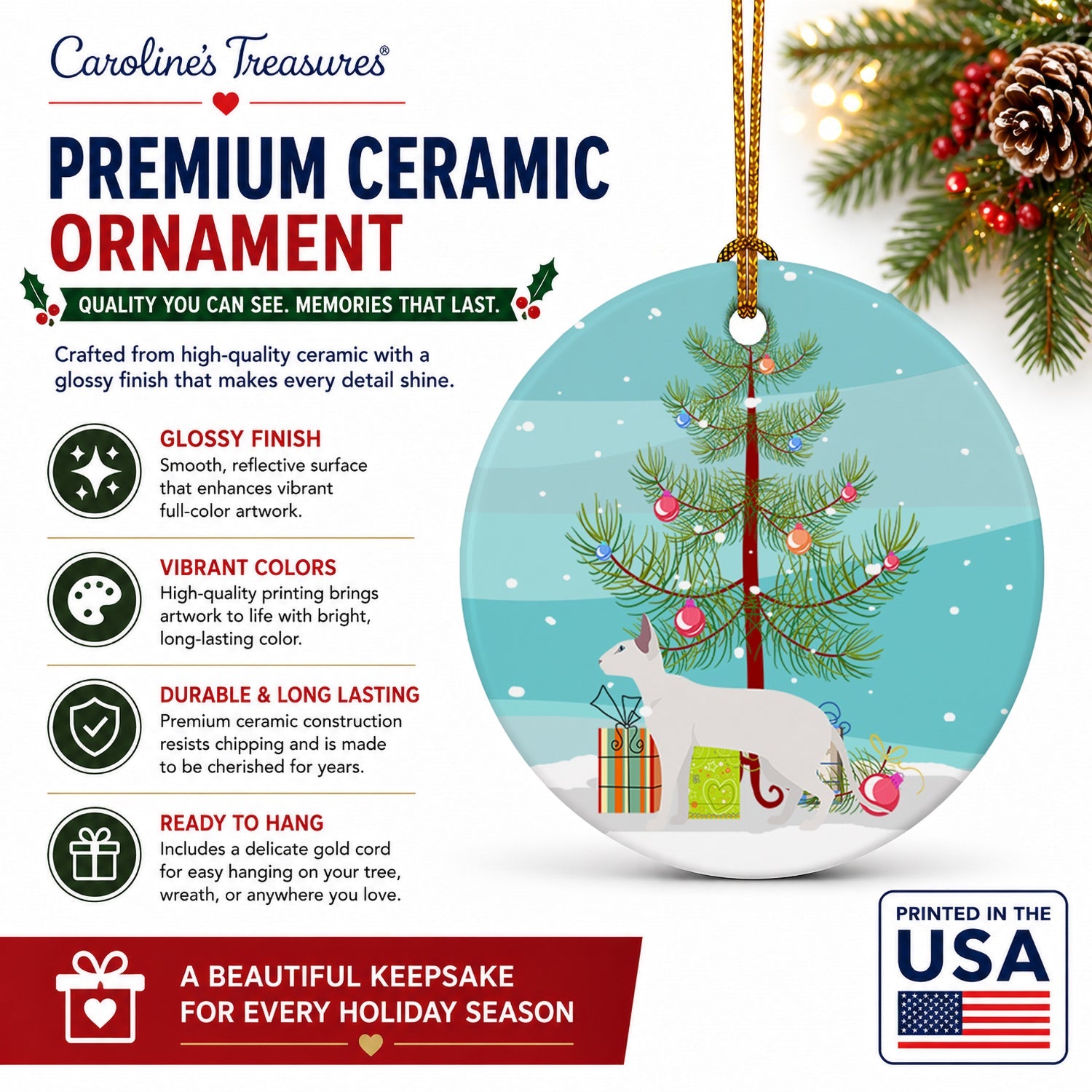 Peterbald Cat Christmas Ceramic Ornament Christmas Tree Hanging Decorations for Home Christmas Holiday, Party, Gift, 3 in, Multicolor