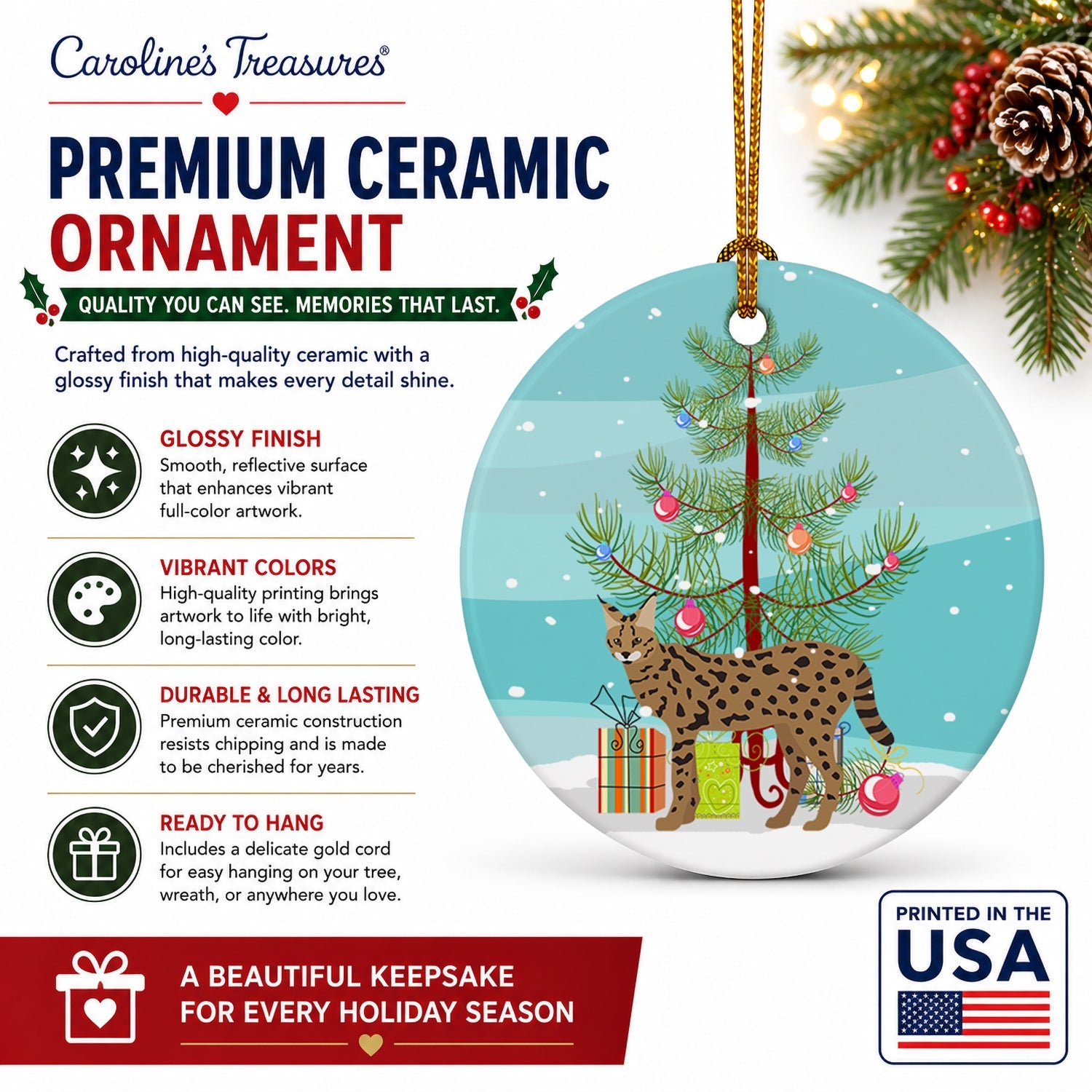 Savannah Cat Christmas Ceramic Ornament Christmas Tree Hanging Decorations for Home Christmas Holiday, Party, Gift, 3 in, Multicolor